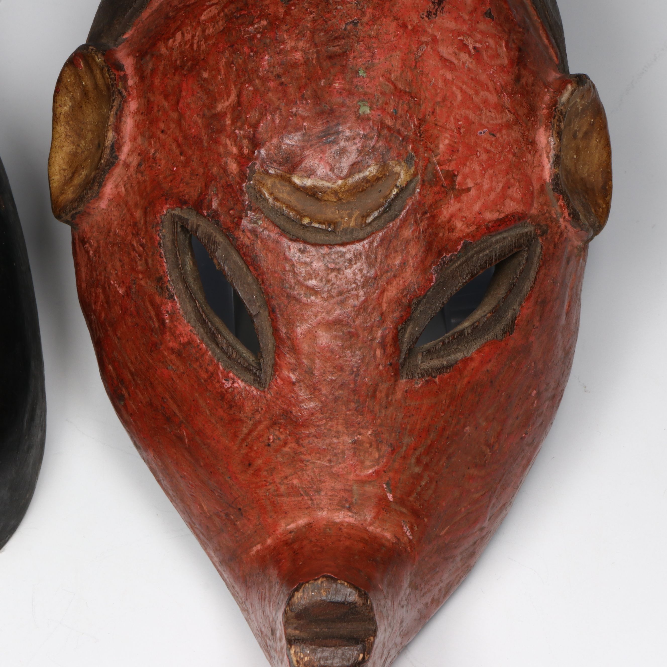 Vintage Chokwe Painted Pig Mask and Indonesian Wayang-Topeng Half Mask