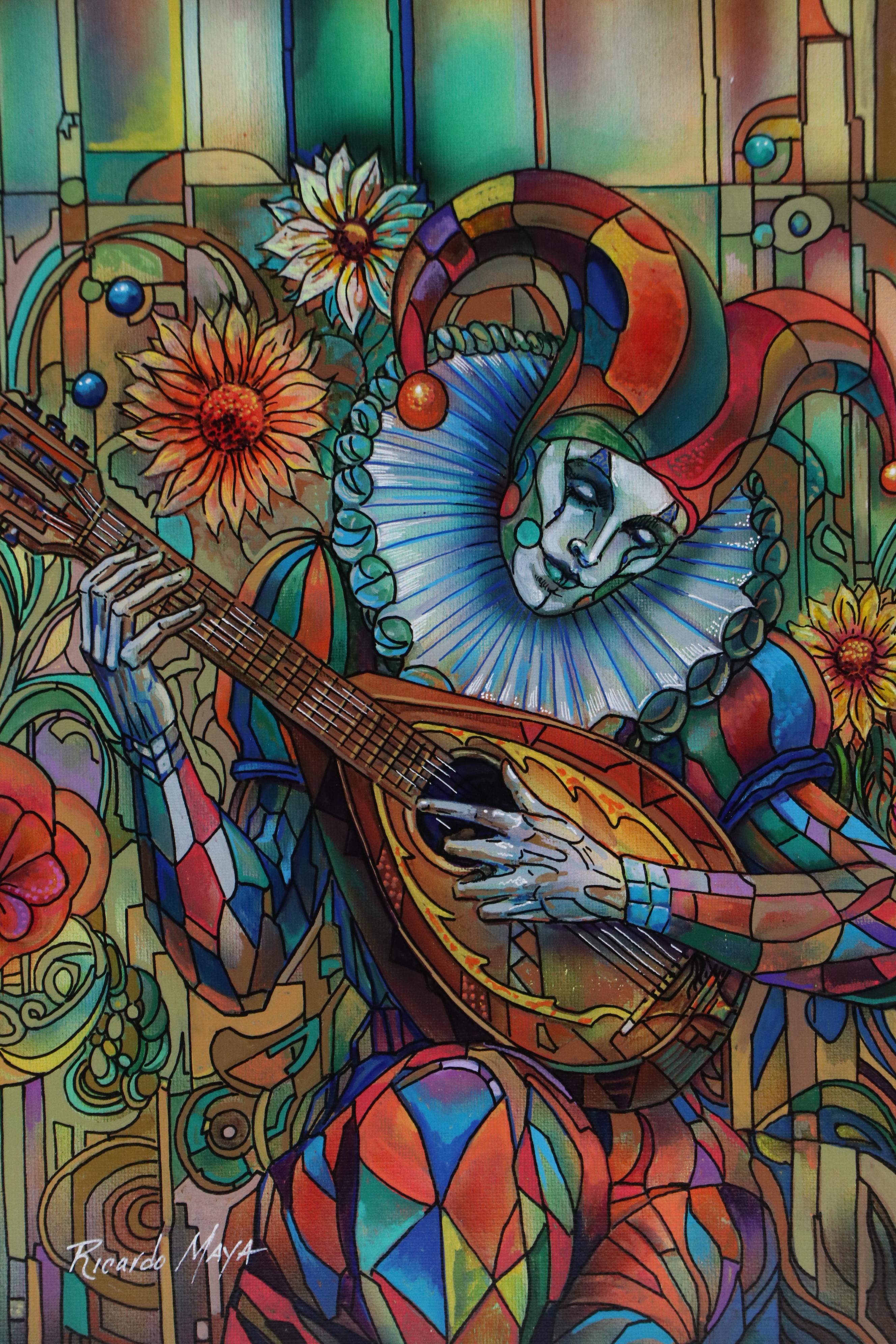 Ricardo Maya Stylized Acrylic Painting of Jester, 21st Century