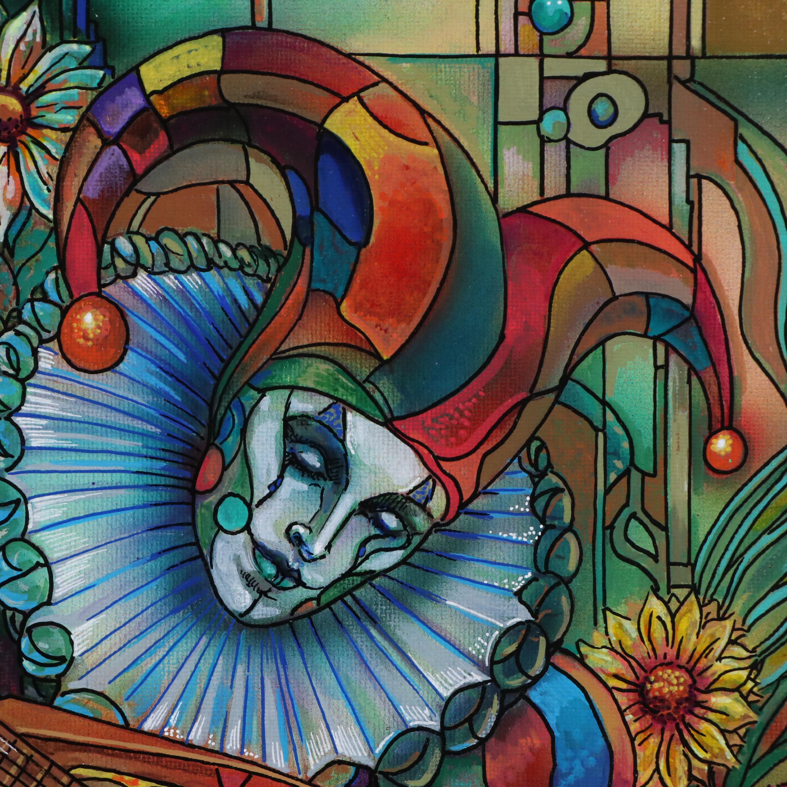 Ricardo Maya Stylized Acrylic Painting of Jester, 21st Century