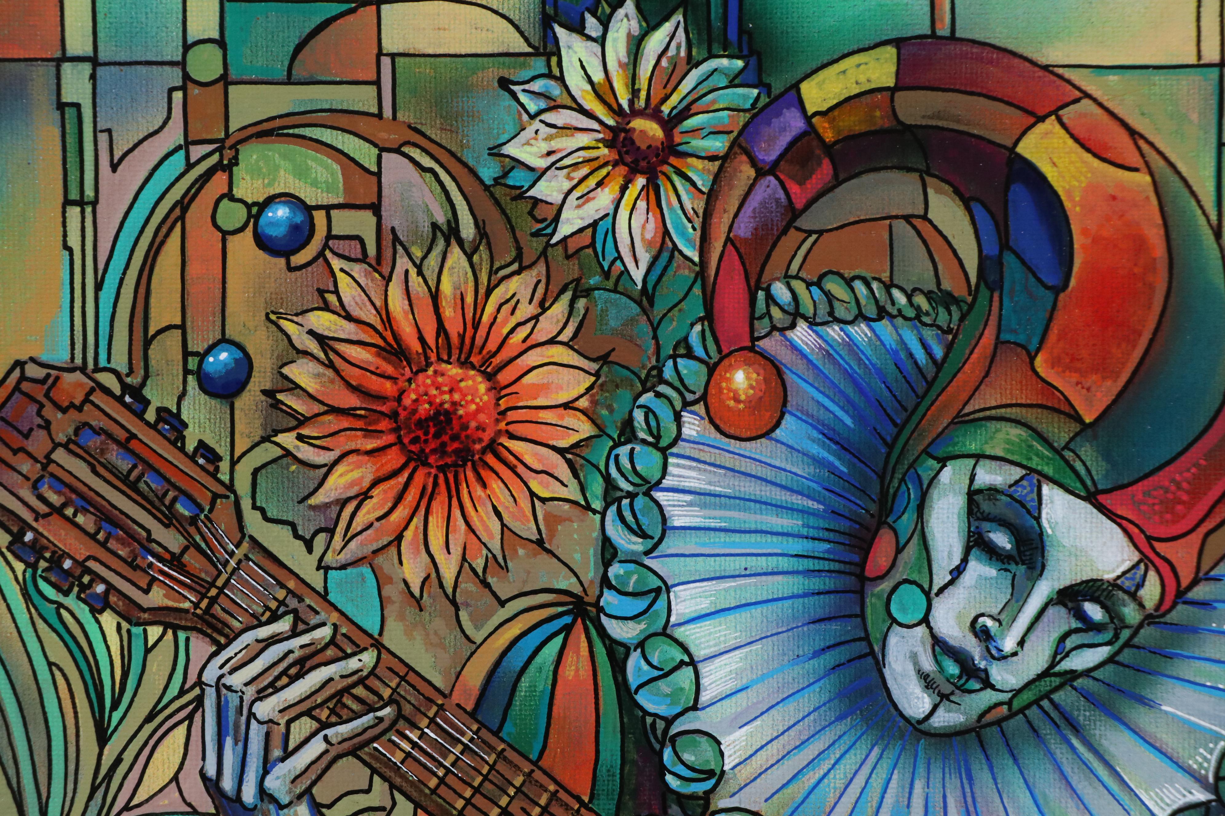 Ricardo Maya Stylized Acrylic Painting of Jester, 21st Century