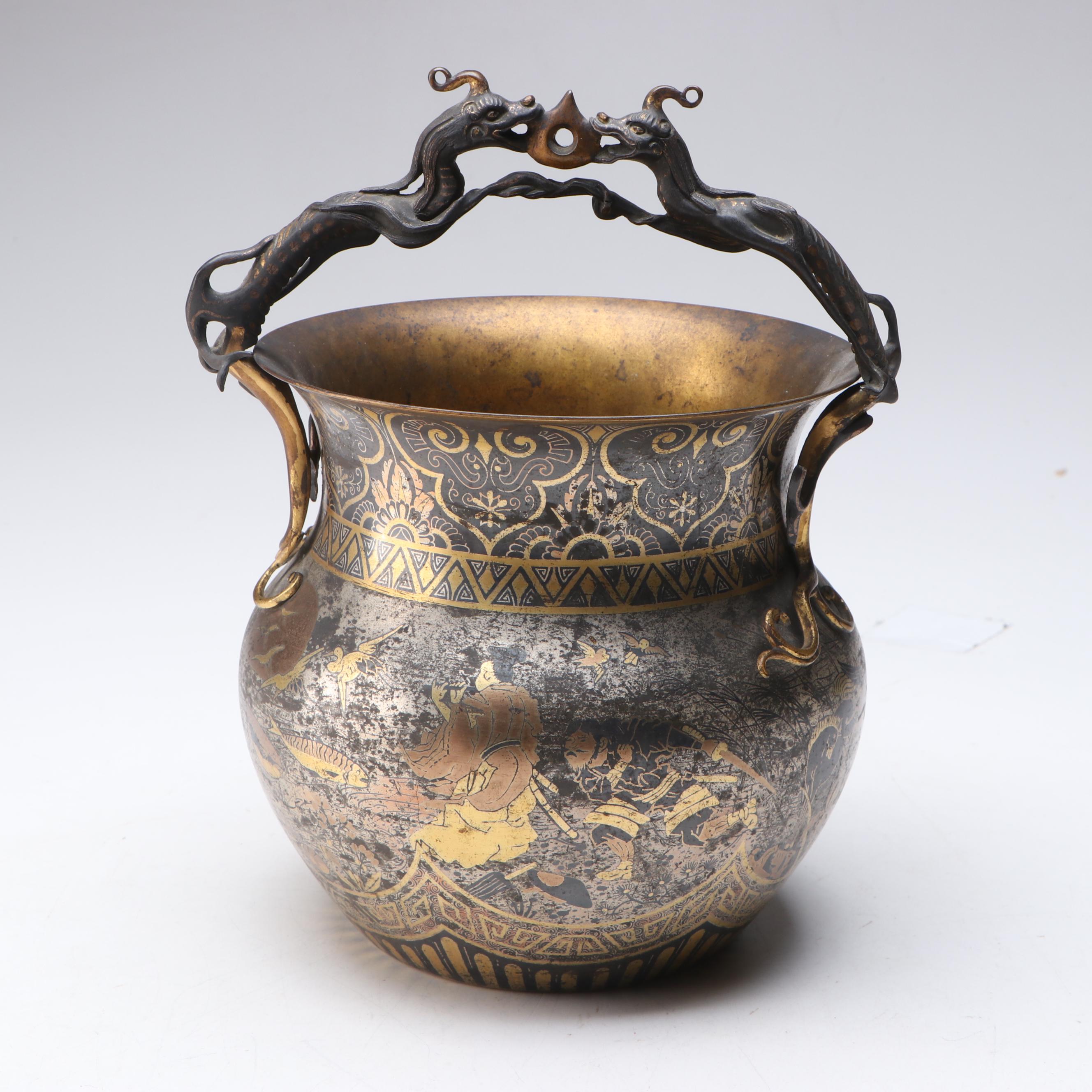 Alphonse Giroux Japonism Brass and Silver Plate with Copper Inlay Vase