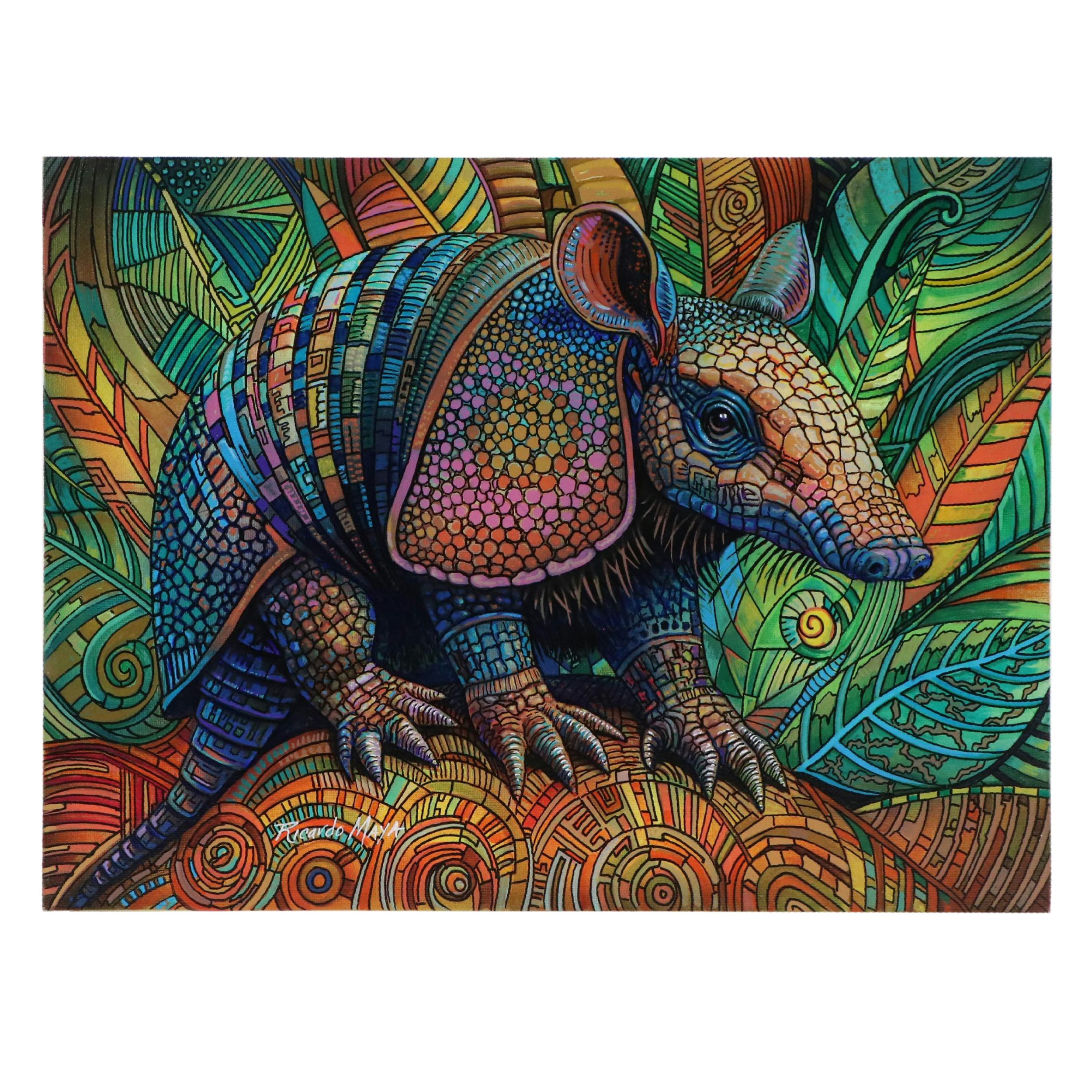 Ricardo Maya Stylized Acrylic Painting of Armadillo, 21st Century