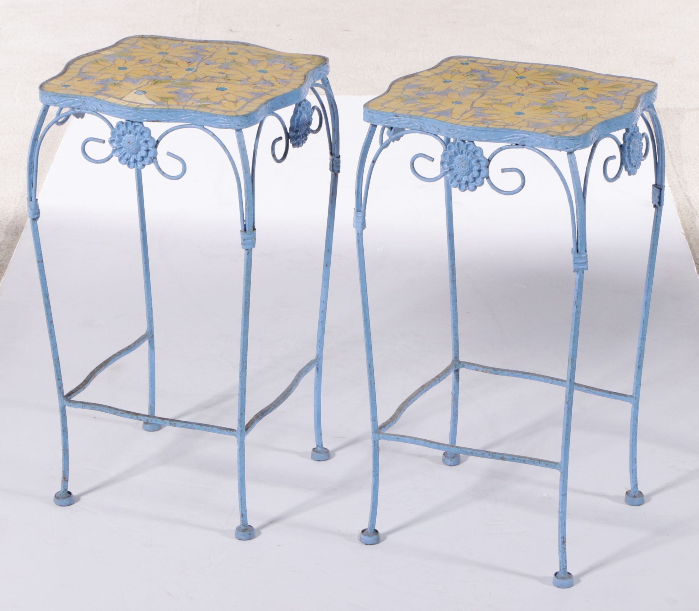 Pair of Mosaic Ceramic Tile Top and Metal Framed Accent Tables