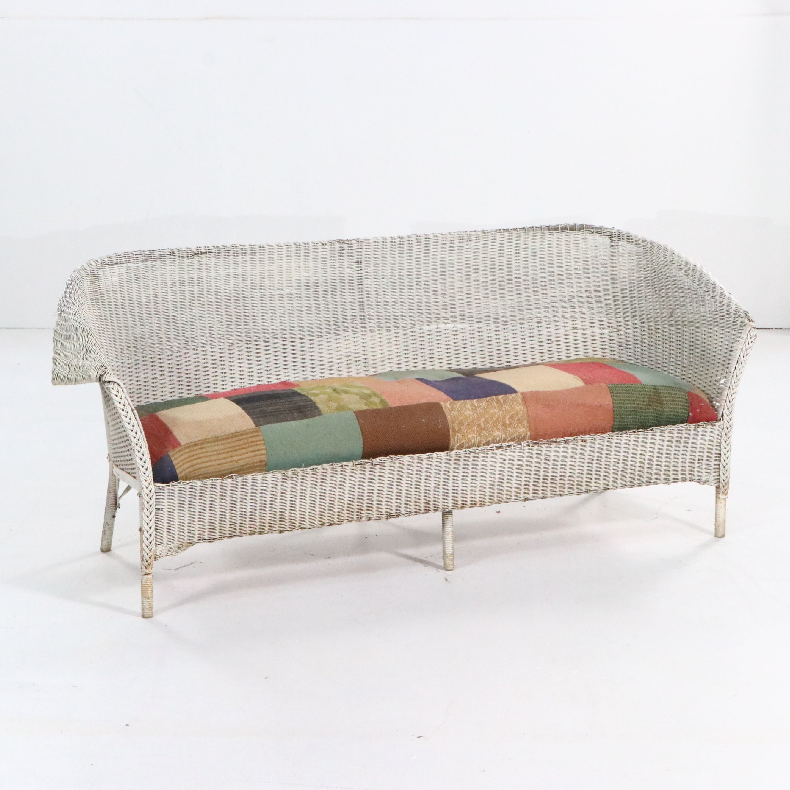 Edwardian Style Wicker Sofa with Patchwork Quilt Seat Cushion, Early 20th C.