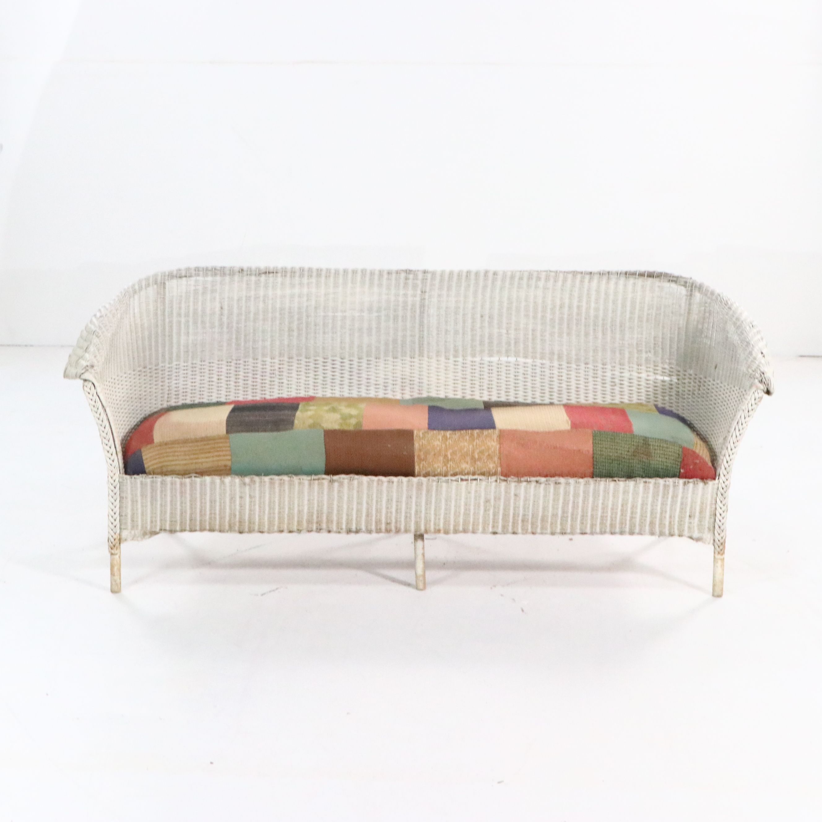 Edwardian Style Wicker Sofa with Patchwork Quilt Seat Cushion, Early 20th C.