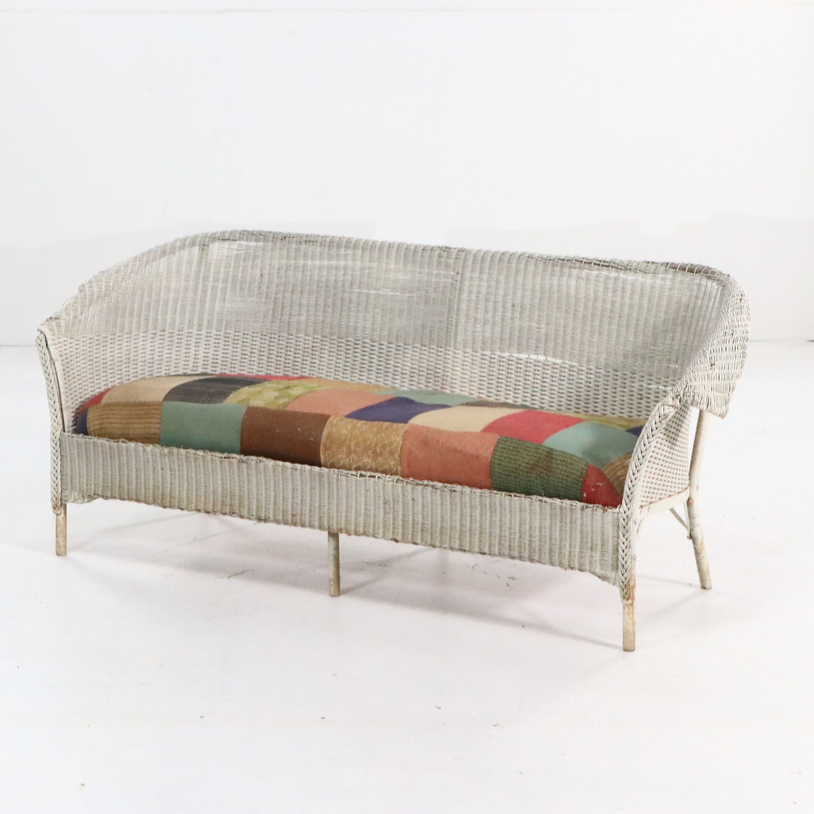 Edwardian Style Wicker Sofa with Patchwork Quilt Seat Cushion, Early 20th C.