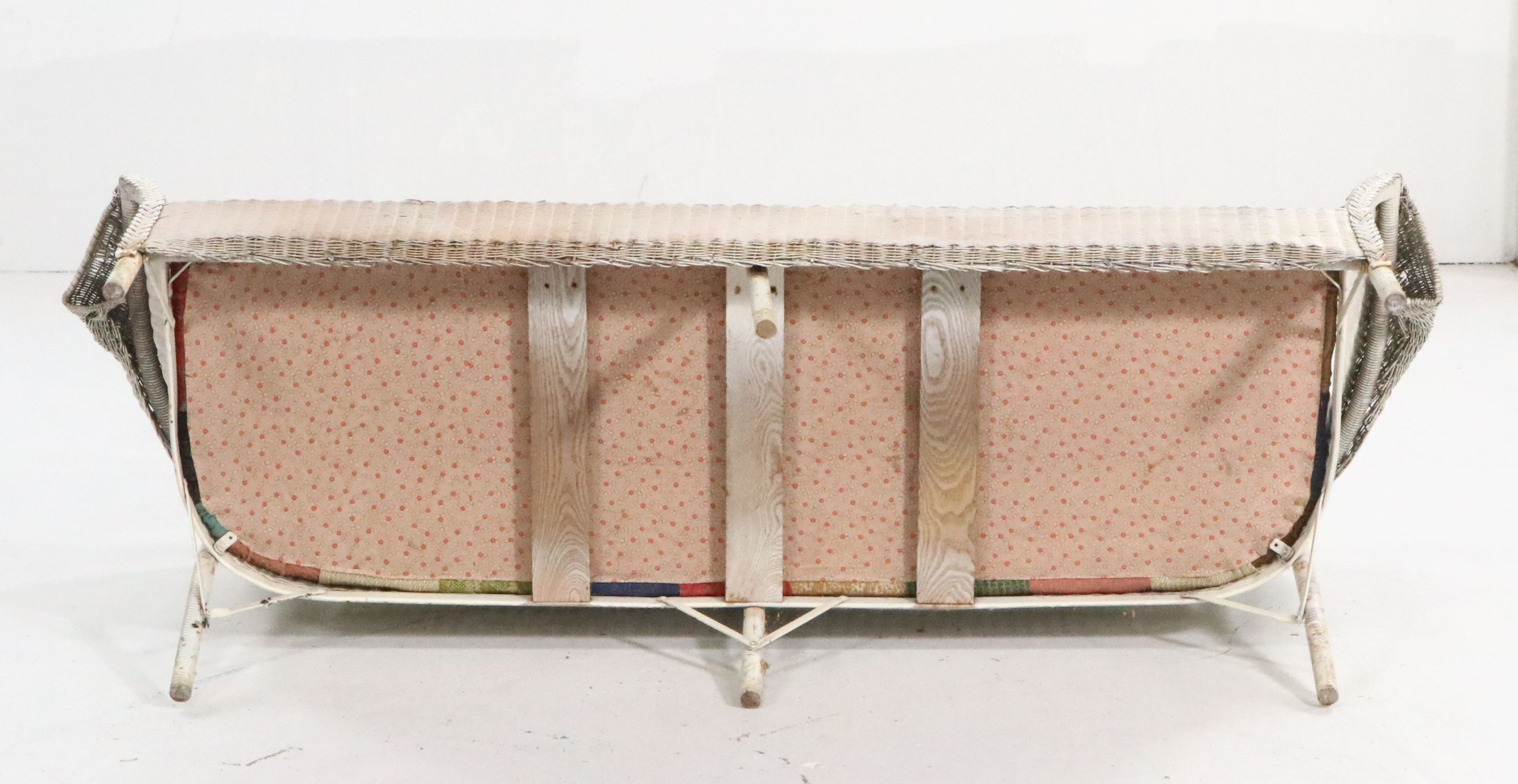 Edwardian Style Wicker Sofa with Patchwork Quilt Seat Cushion, Early 20th C.