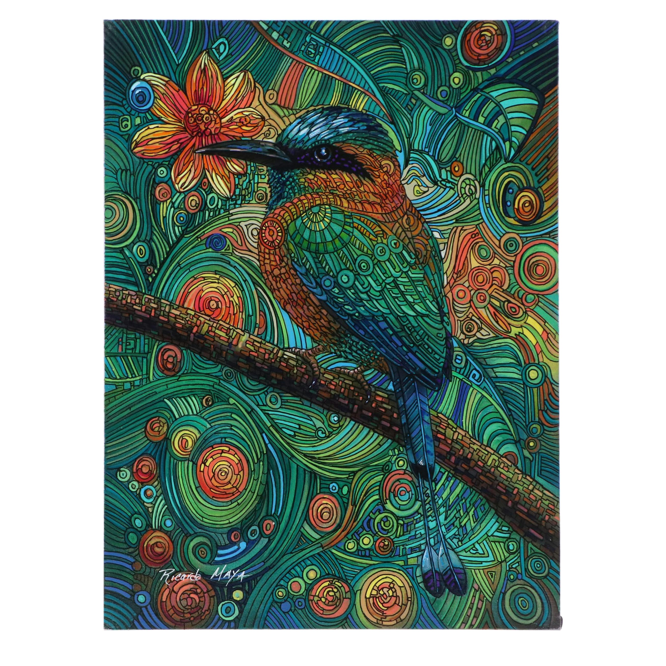 Ricardo Maya Stylized Acrylic Painting of Bird, 21st Century