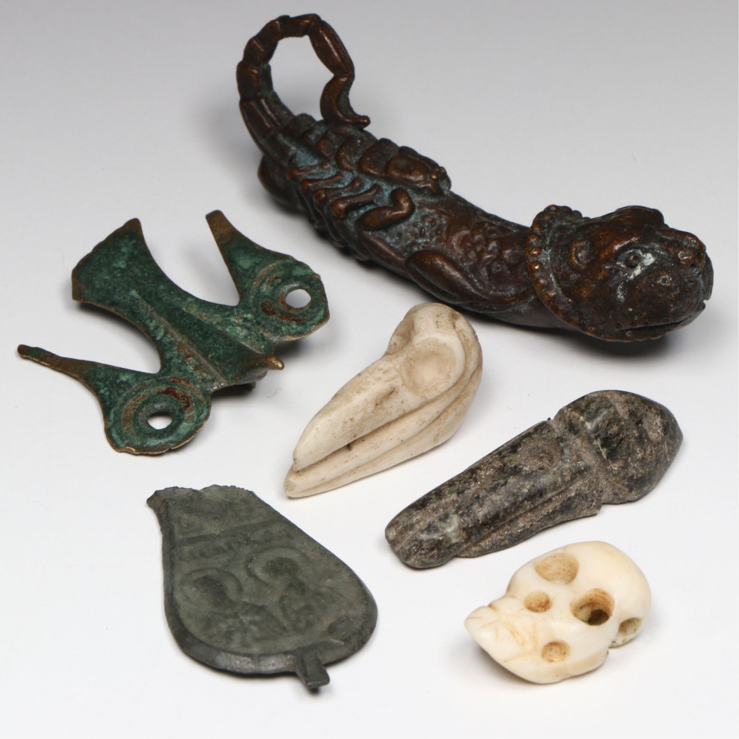 Ancient Bronzes with Shell, Jade, Chalcedony and Serpentine Carvings