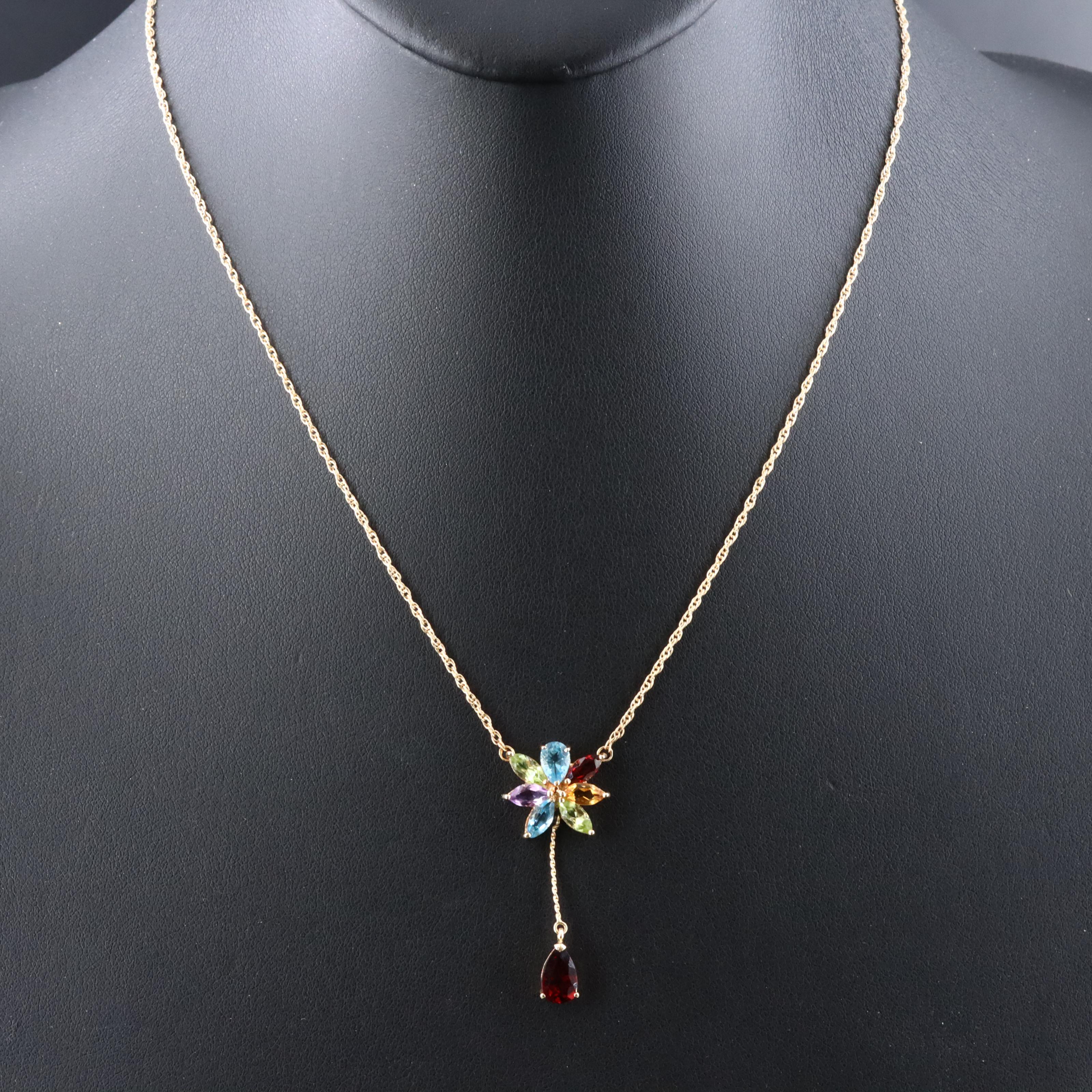 14K Gemstone Necklace Including Garnet, Citrine, and Peridot