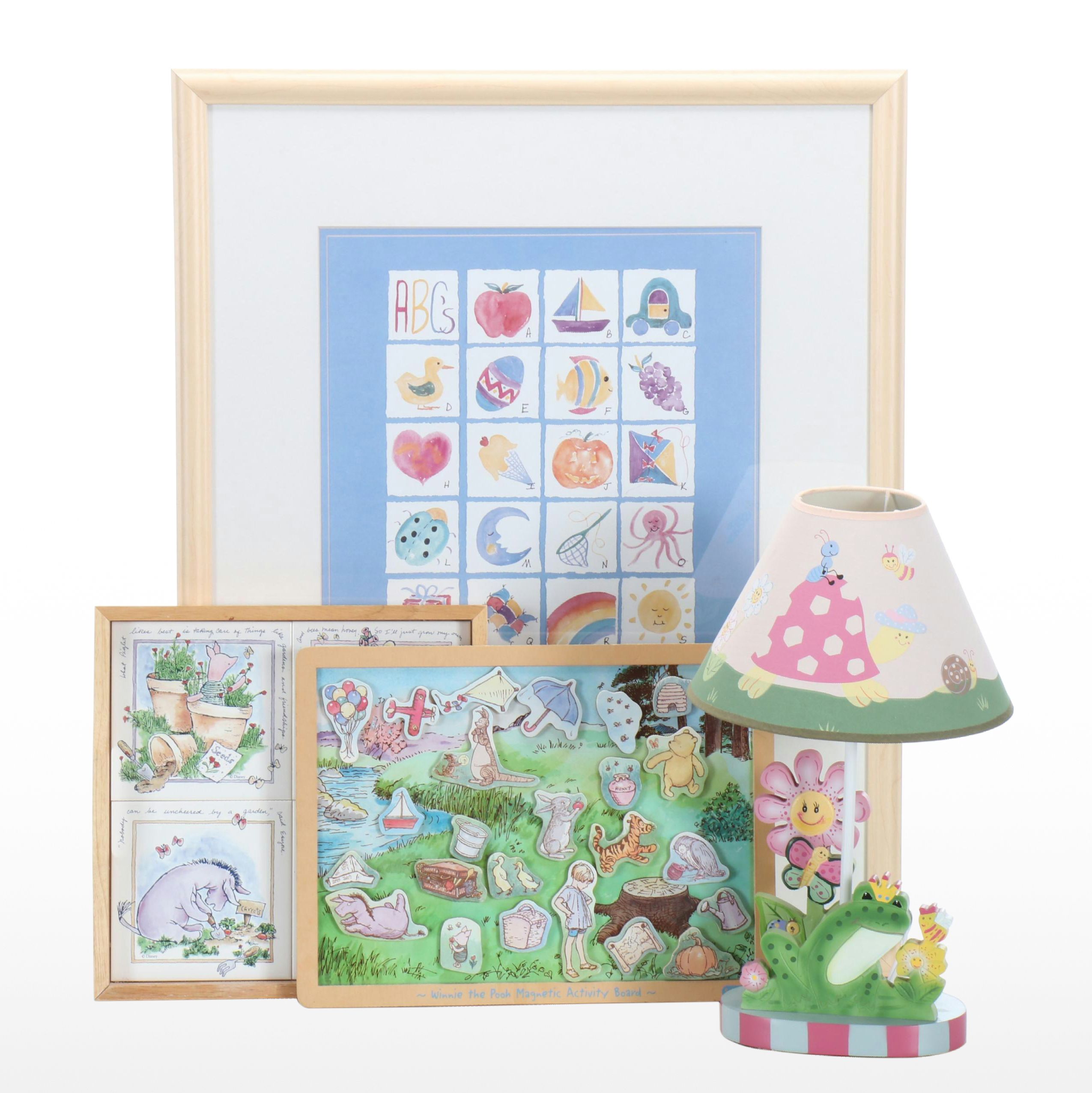 Framed Offset Lithograph Alphabet, Child's Table Lamp and Pooh Activity Board