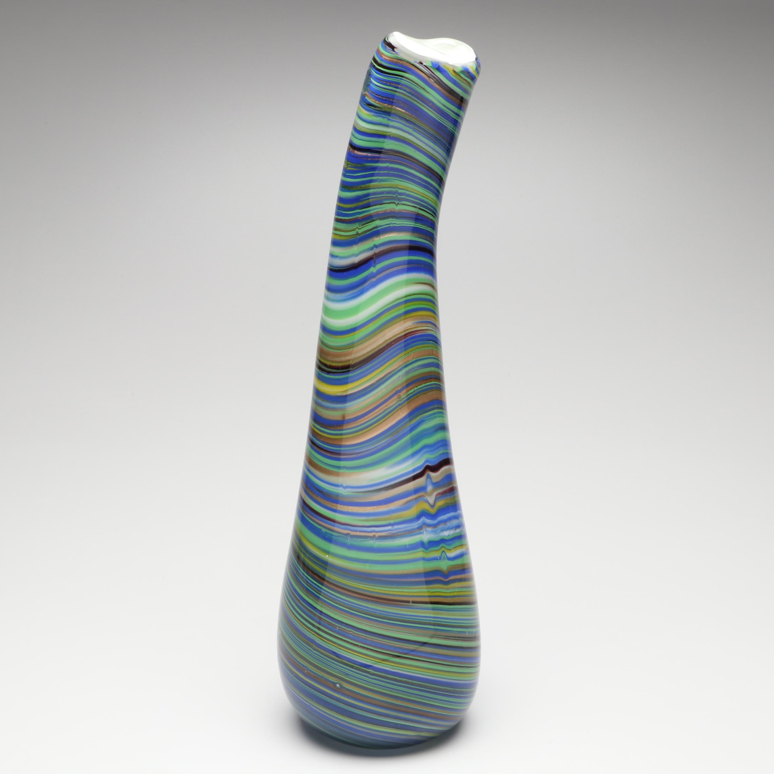 Murano Style Cased Curved Neck Blown Glass Vase