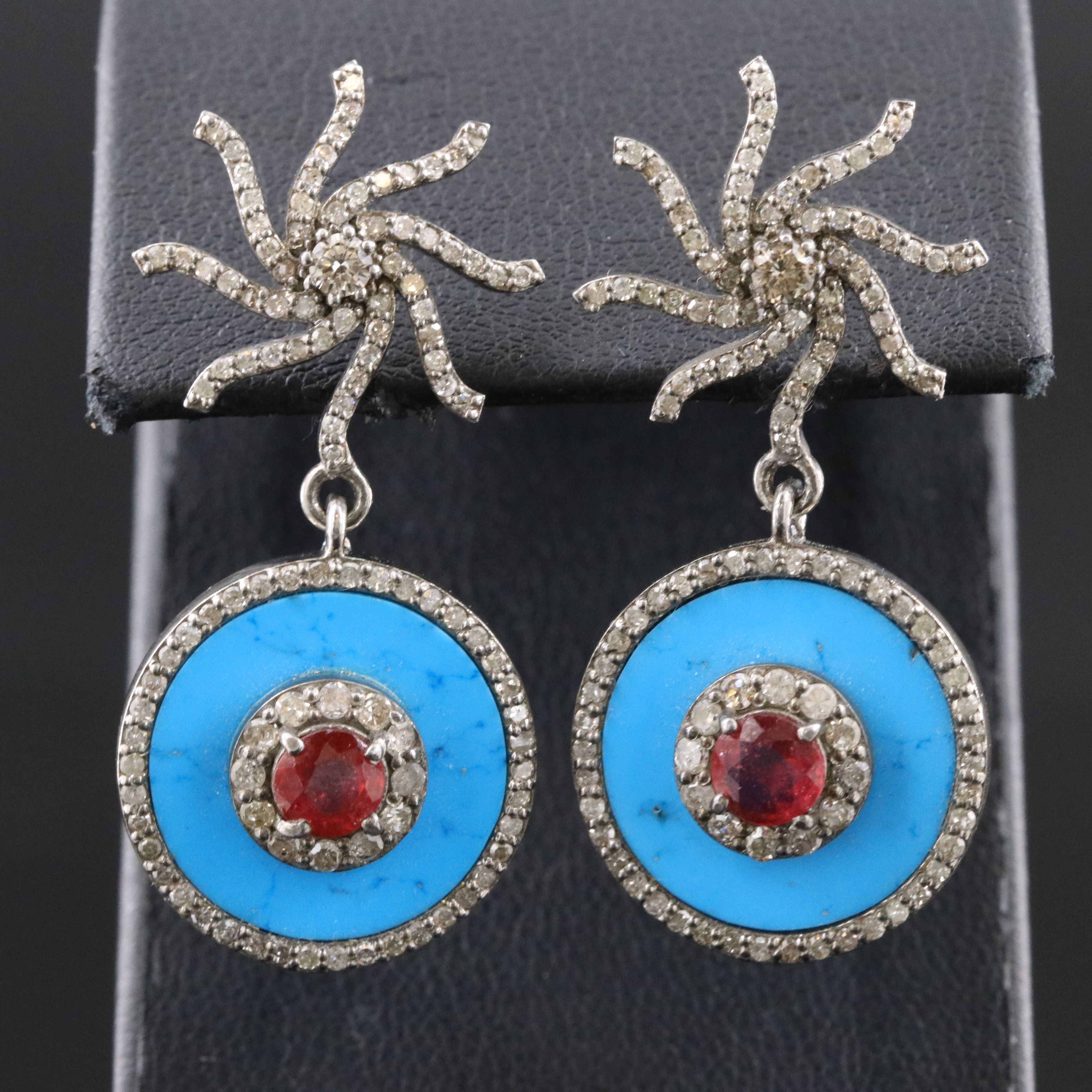 Sterling Diamond, Ruby and Magnesite Earrings