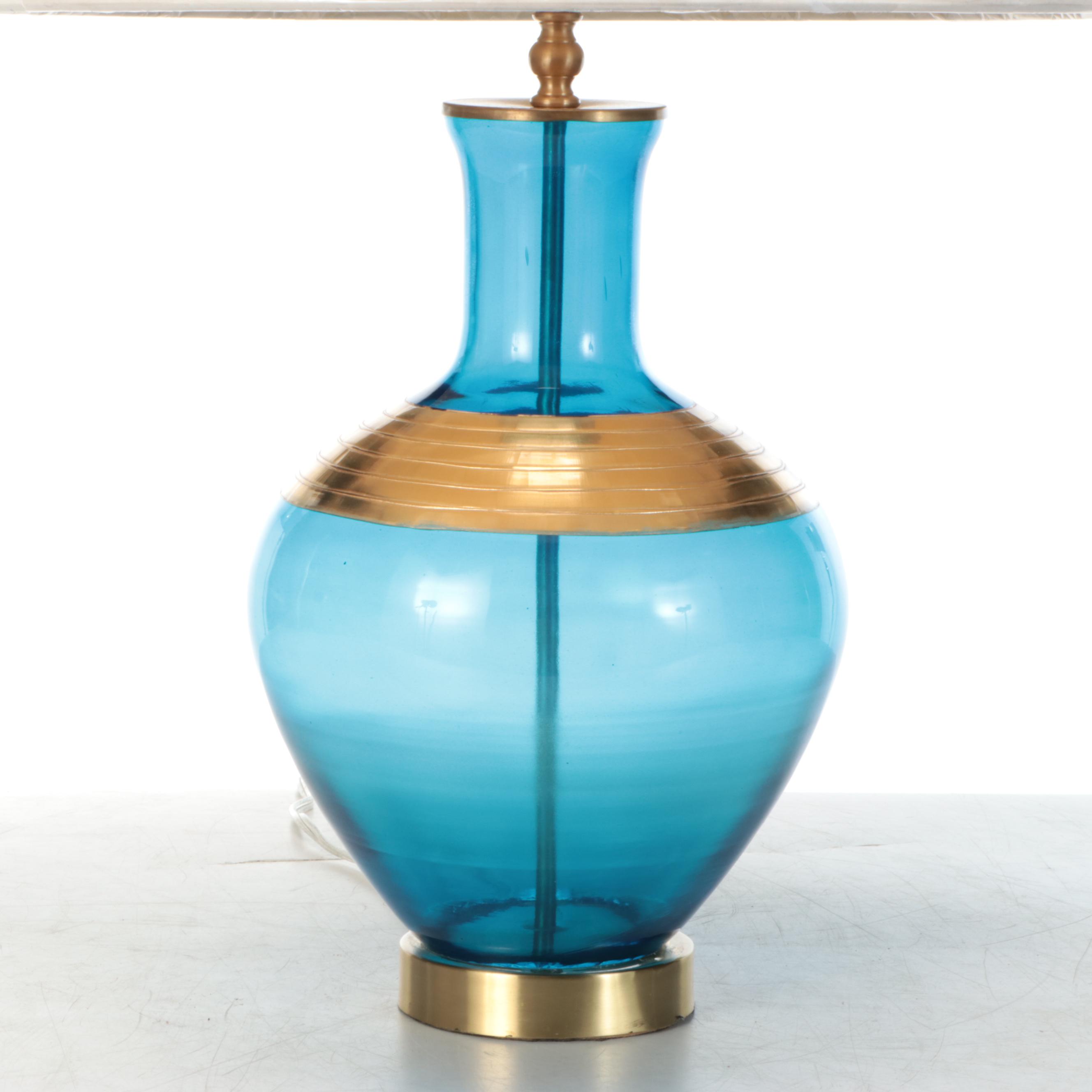 Contemporary Blue Glass with Brass Banding Table Lamp