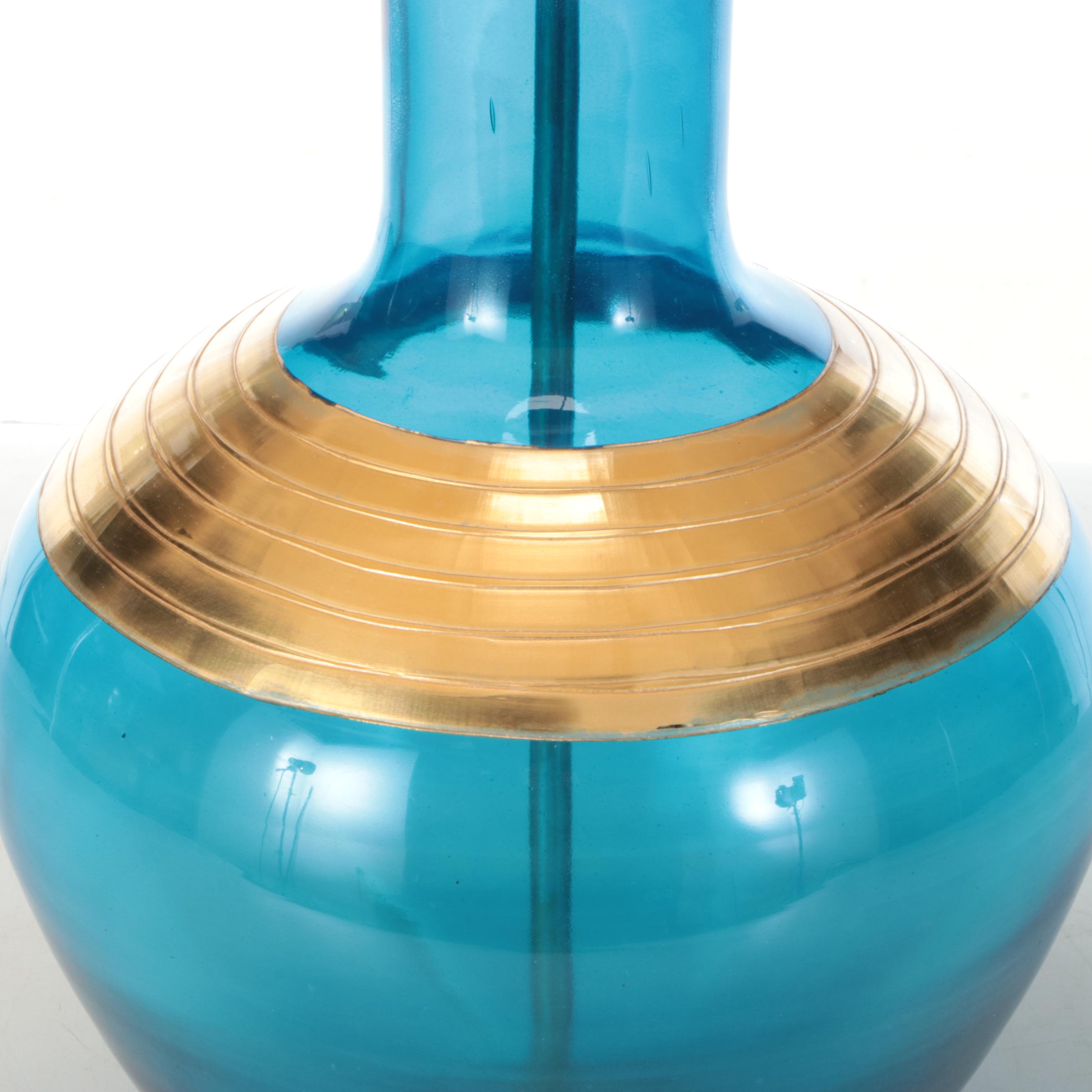 Contemporary Blue Glass with Brass Banding Table Lamp