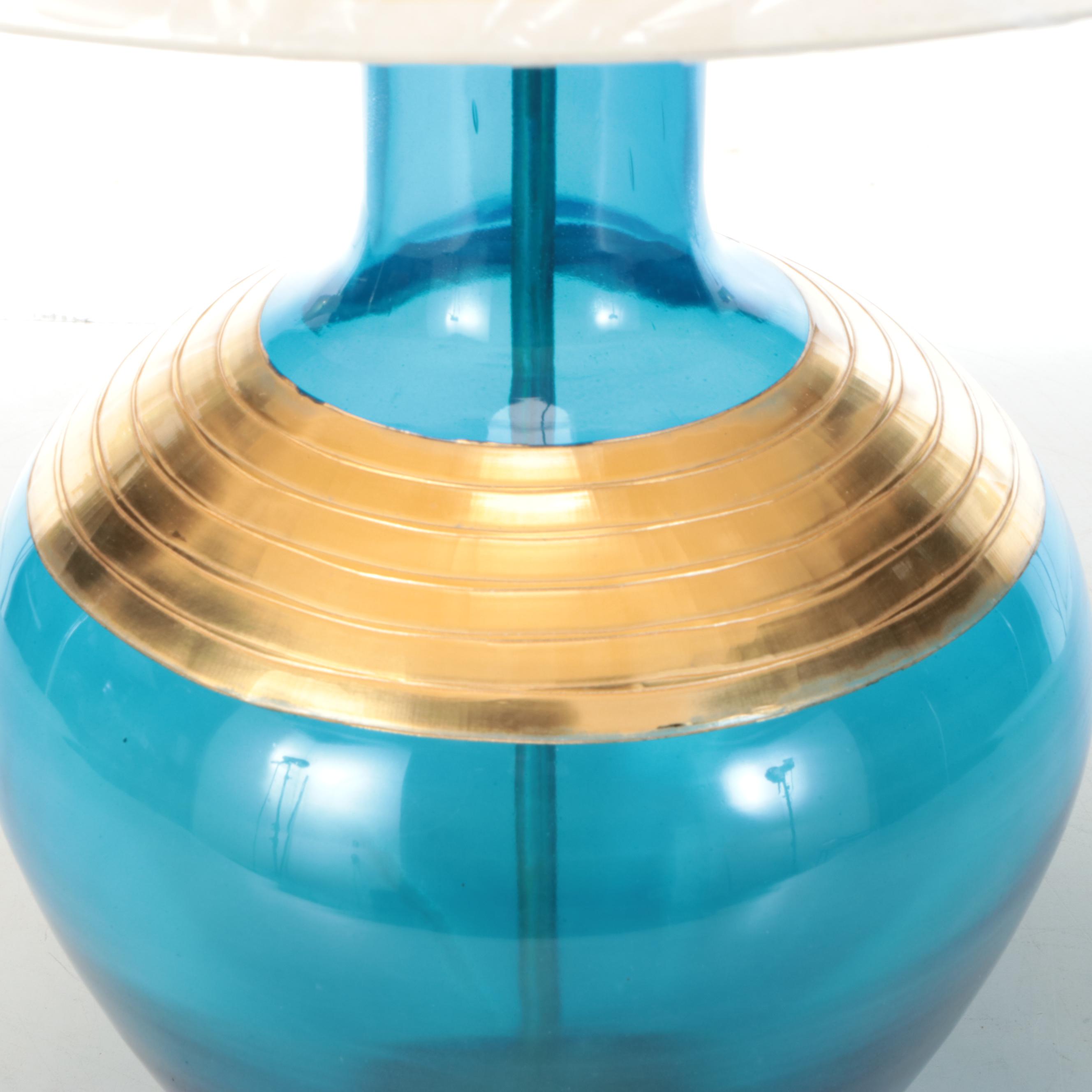 Contemporary Blue Glass with Brass Banding Table Lamp