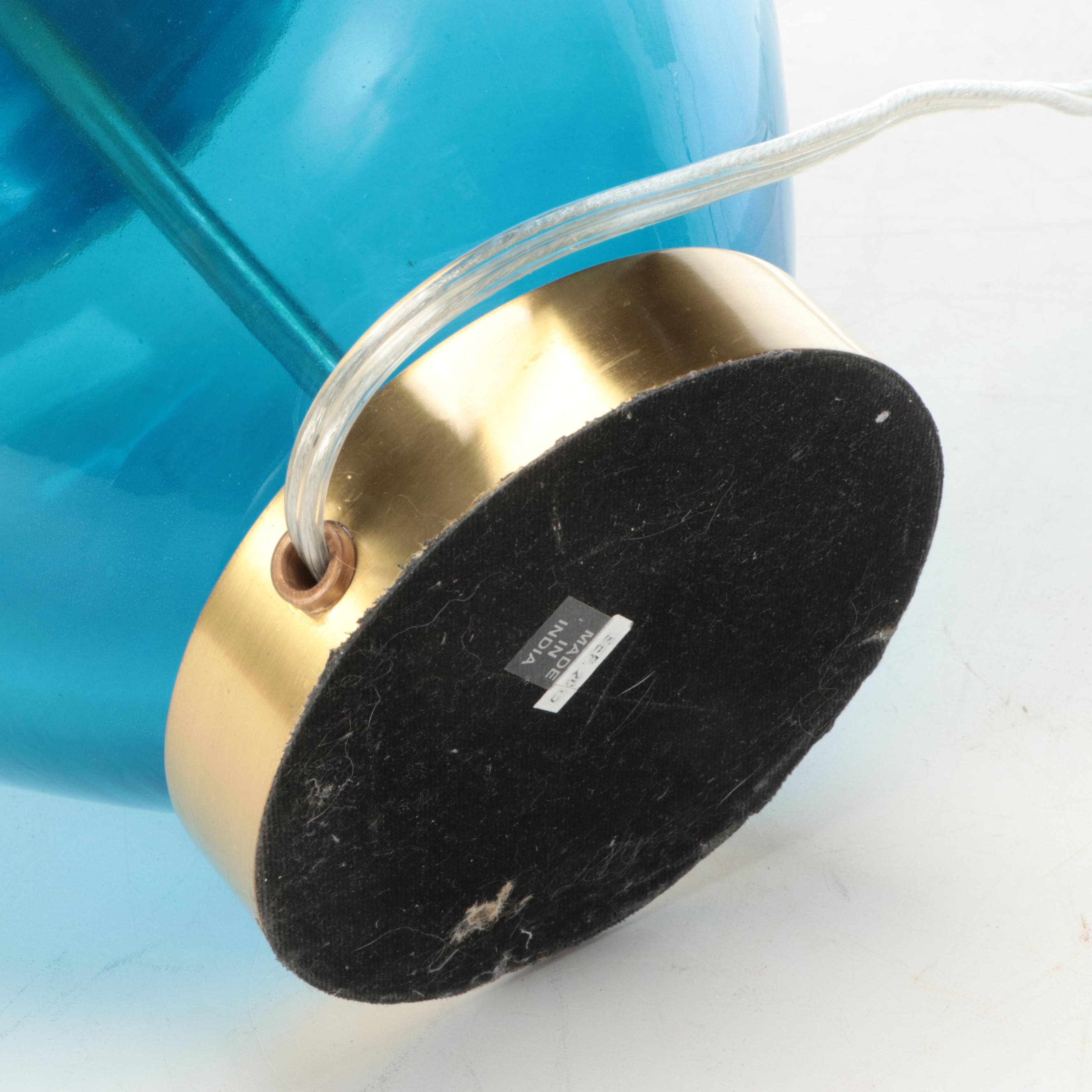 Contemporary Blue Glass with Brass Banding Table Lamp