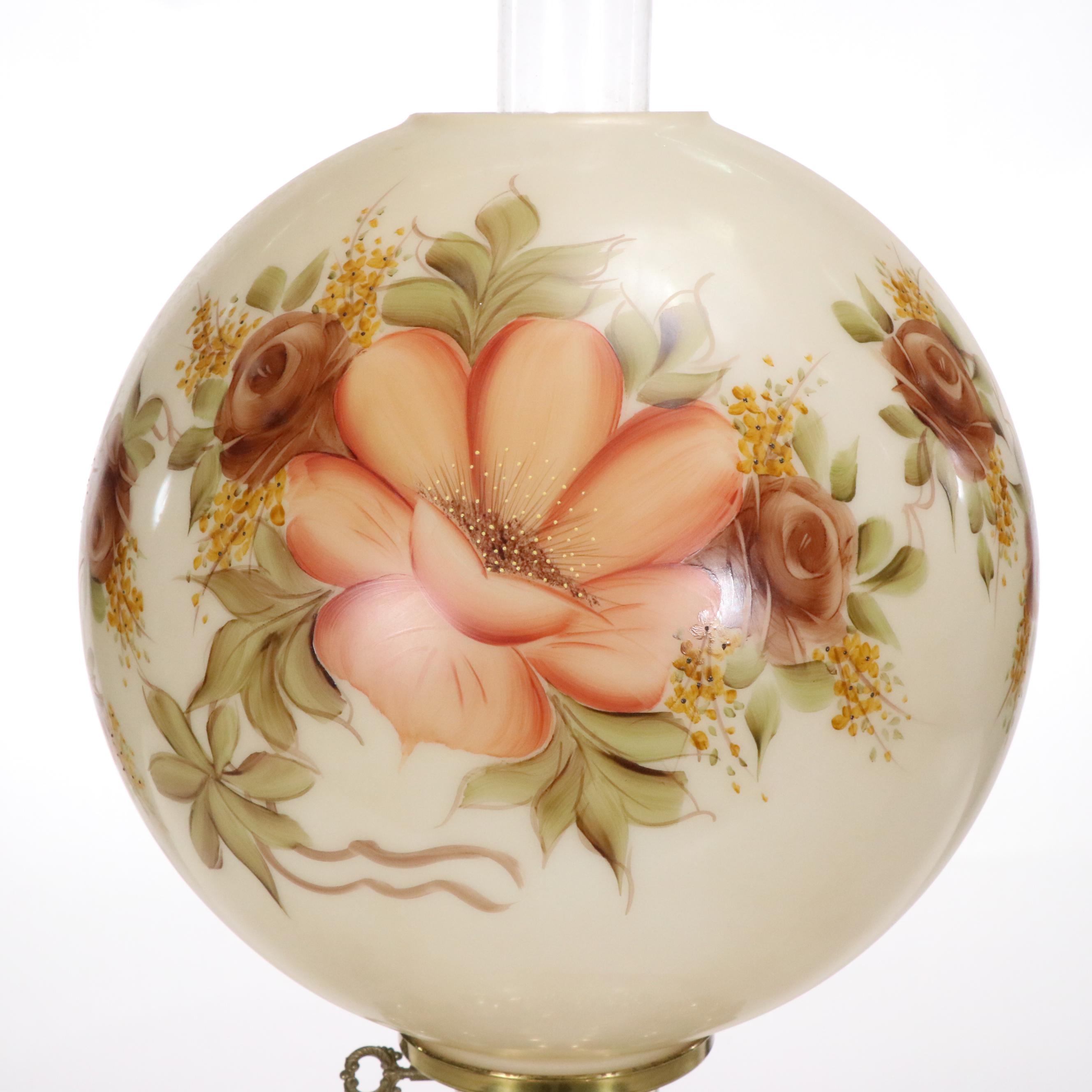Victorian Style Hobbyist-Painted Beige Glass Parlor Lamp, Vintage