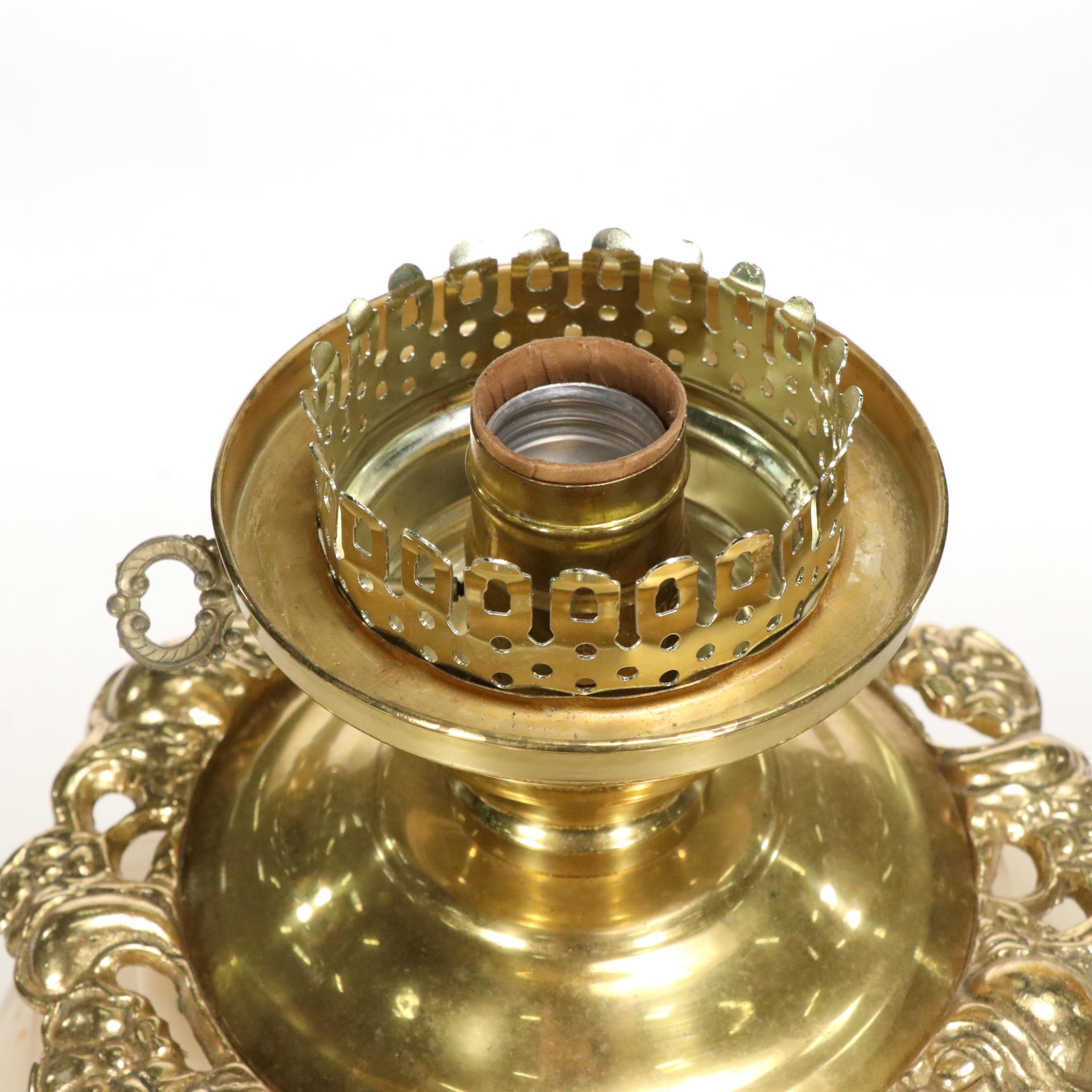 Victorian Style Hobbyist-Painted Beige Glass Parlor Lamp, Vintage