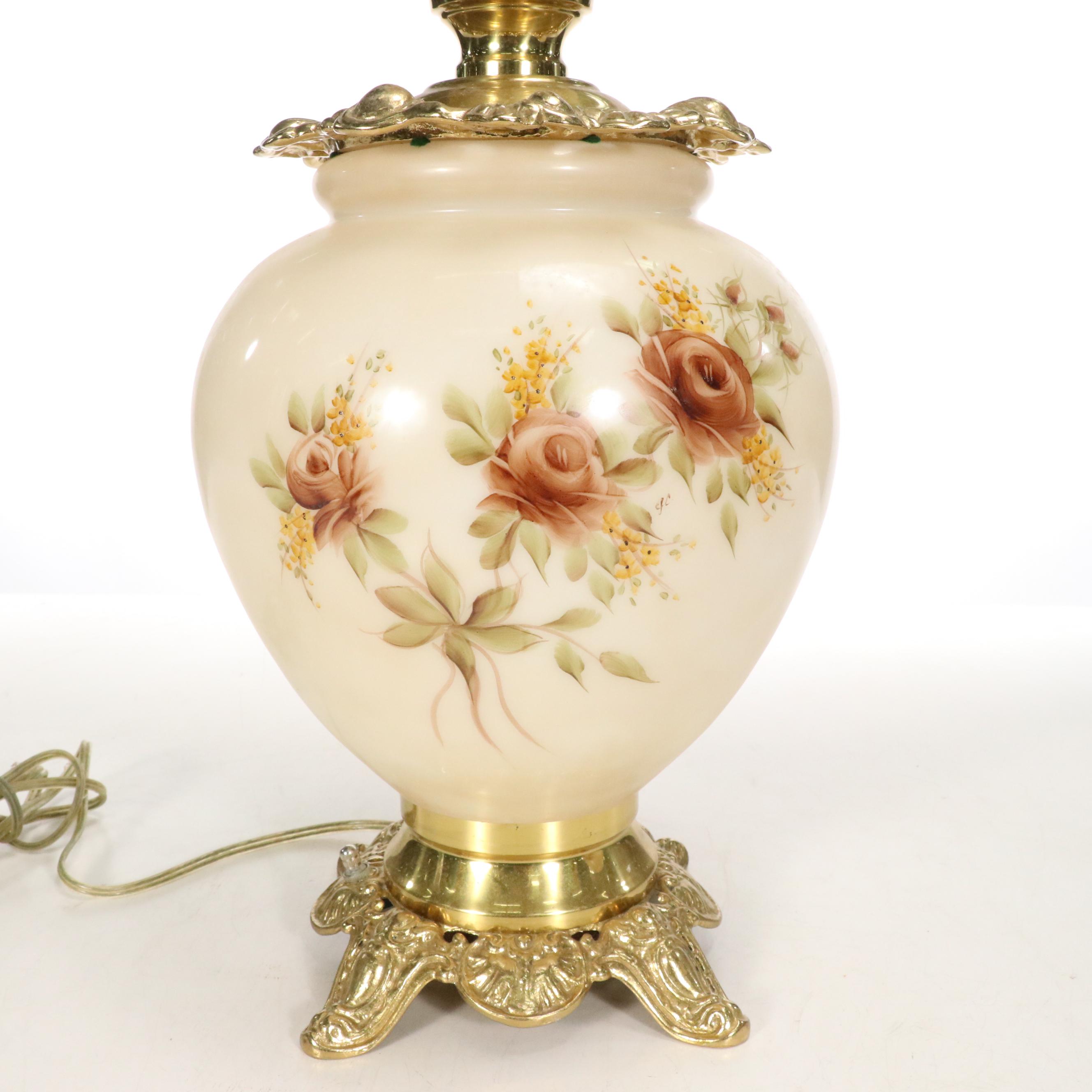 Victorian Style Hobbyist-Painted Beige Glass Parlor Lamp, Vintage