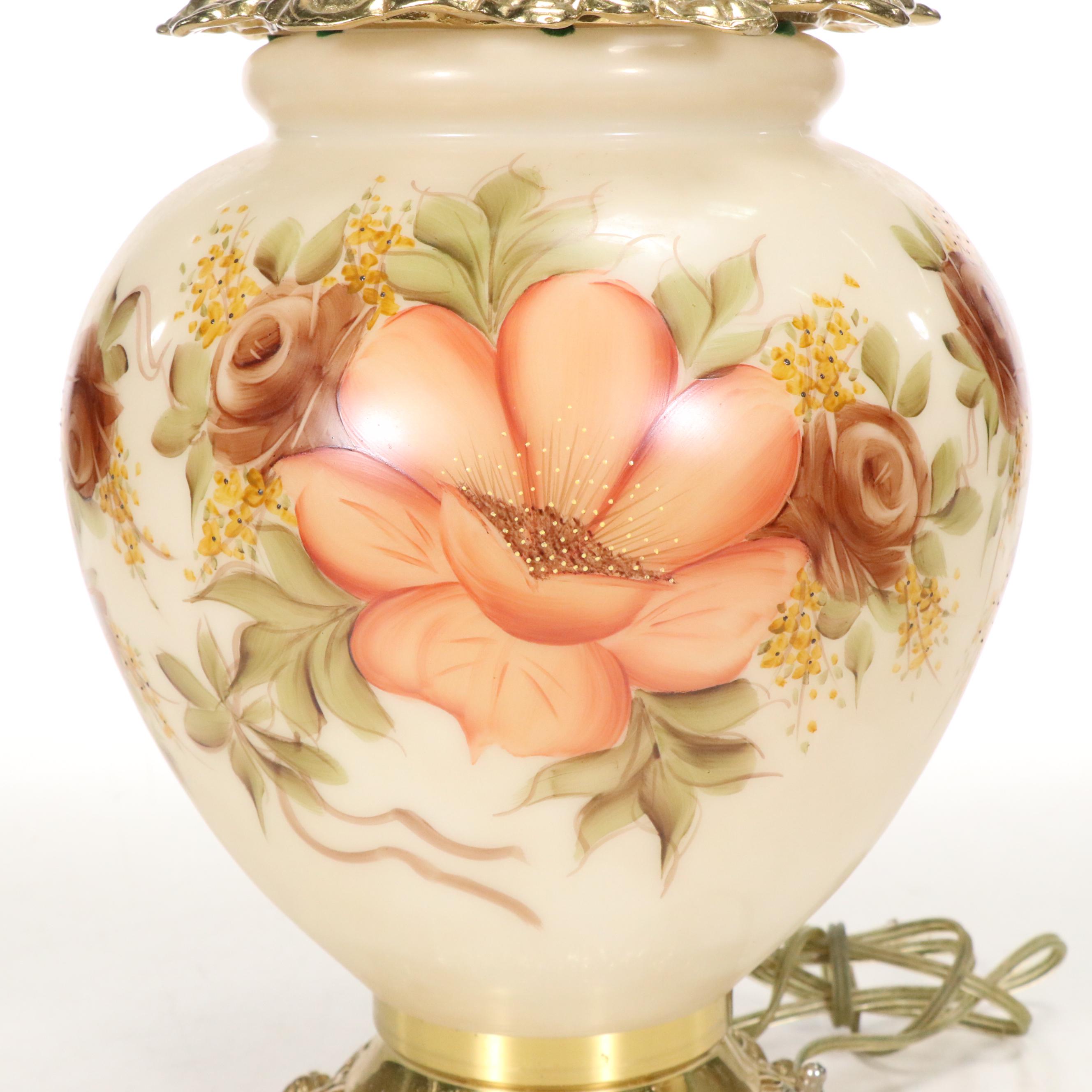 Victorian Style Hobbyist-Painted Beige Glass Parlor Lamp, Vintage