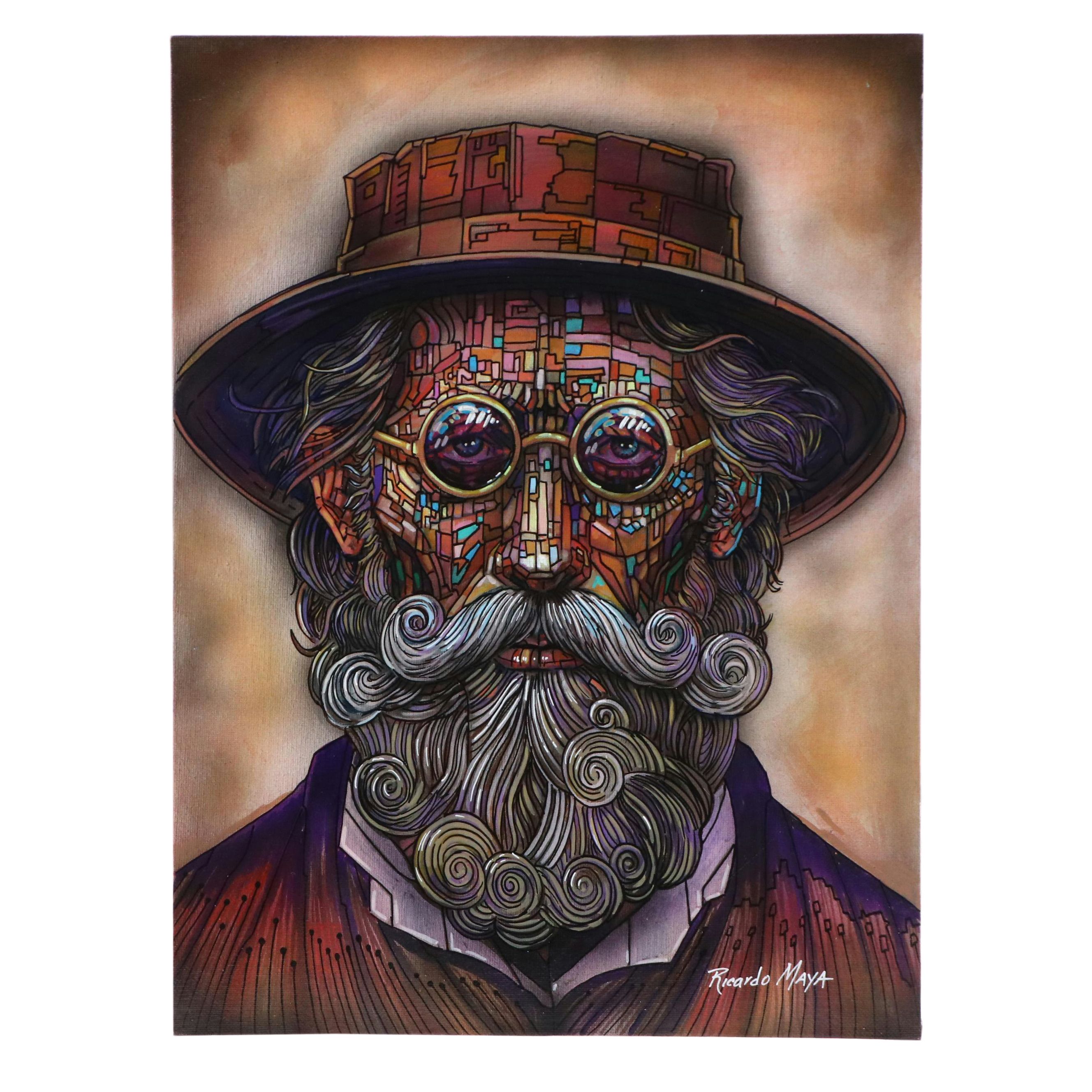 Ricardo Maya Stylized Acrylic Portrait of Bearded Man, 21st Century