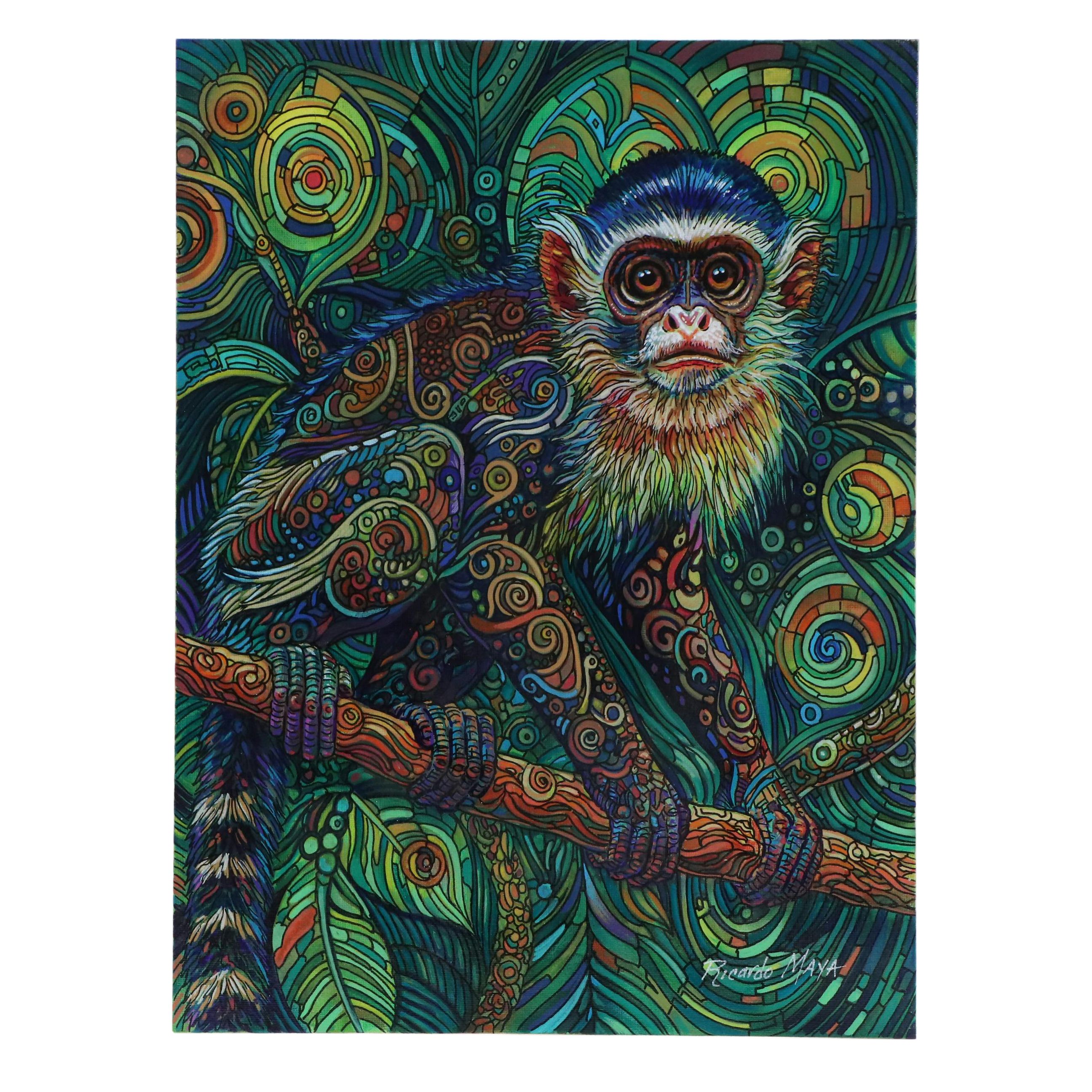 Ricardo Maya Stylized Acrylic Painting of Monkey, 21st Century