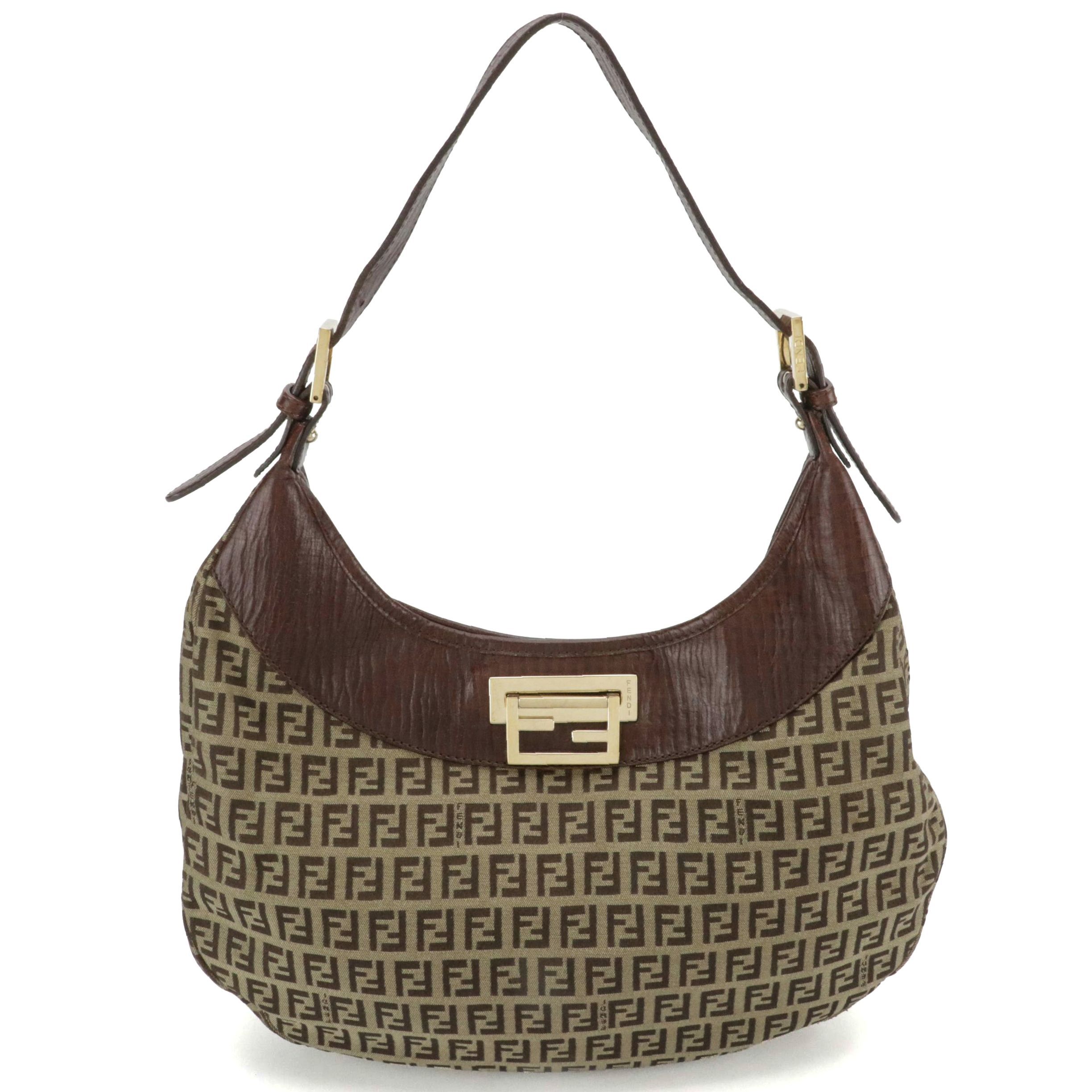 Fendi Hobo Shoulder Bag in Zucca Canvas and Textured Leather