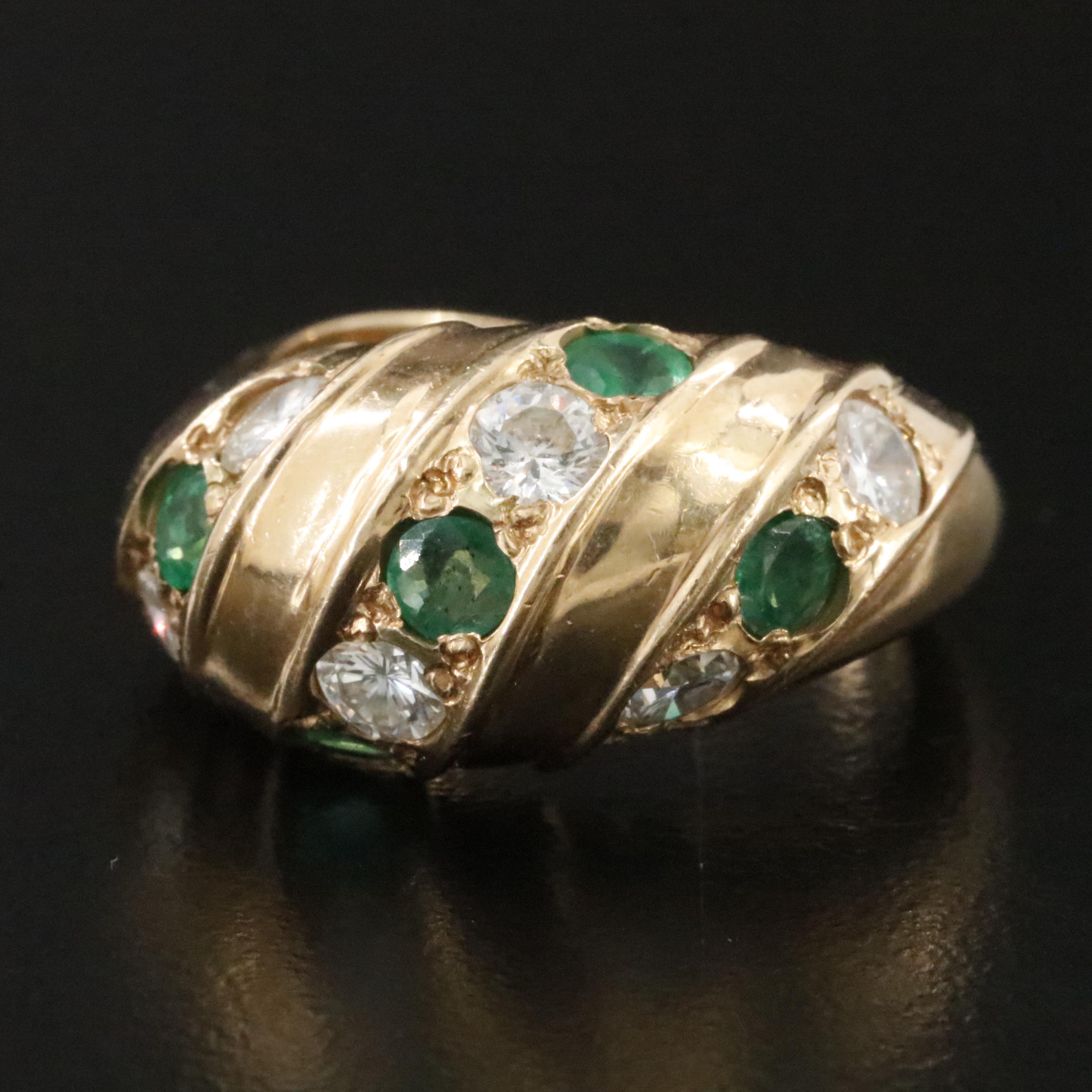 14K Diamond and Emerald Scalloped Dome Ring
