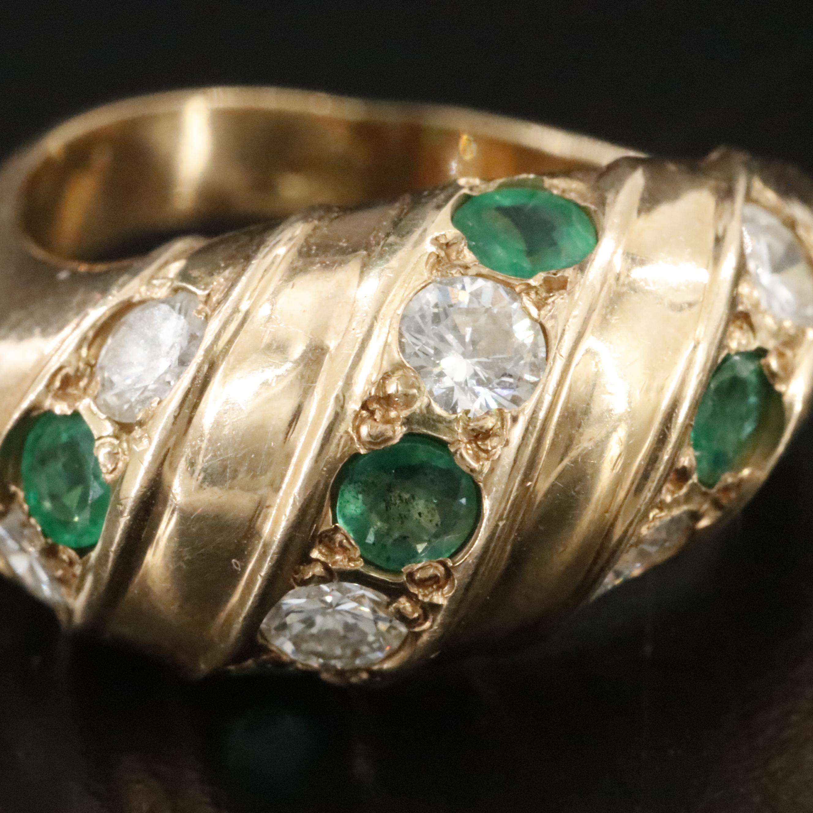 14K Diamond and Emerald Scalloped Dome Ring