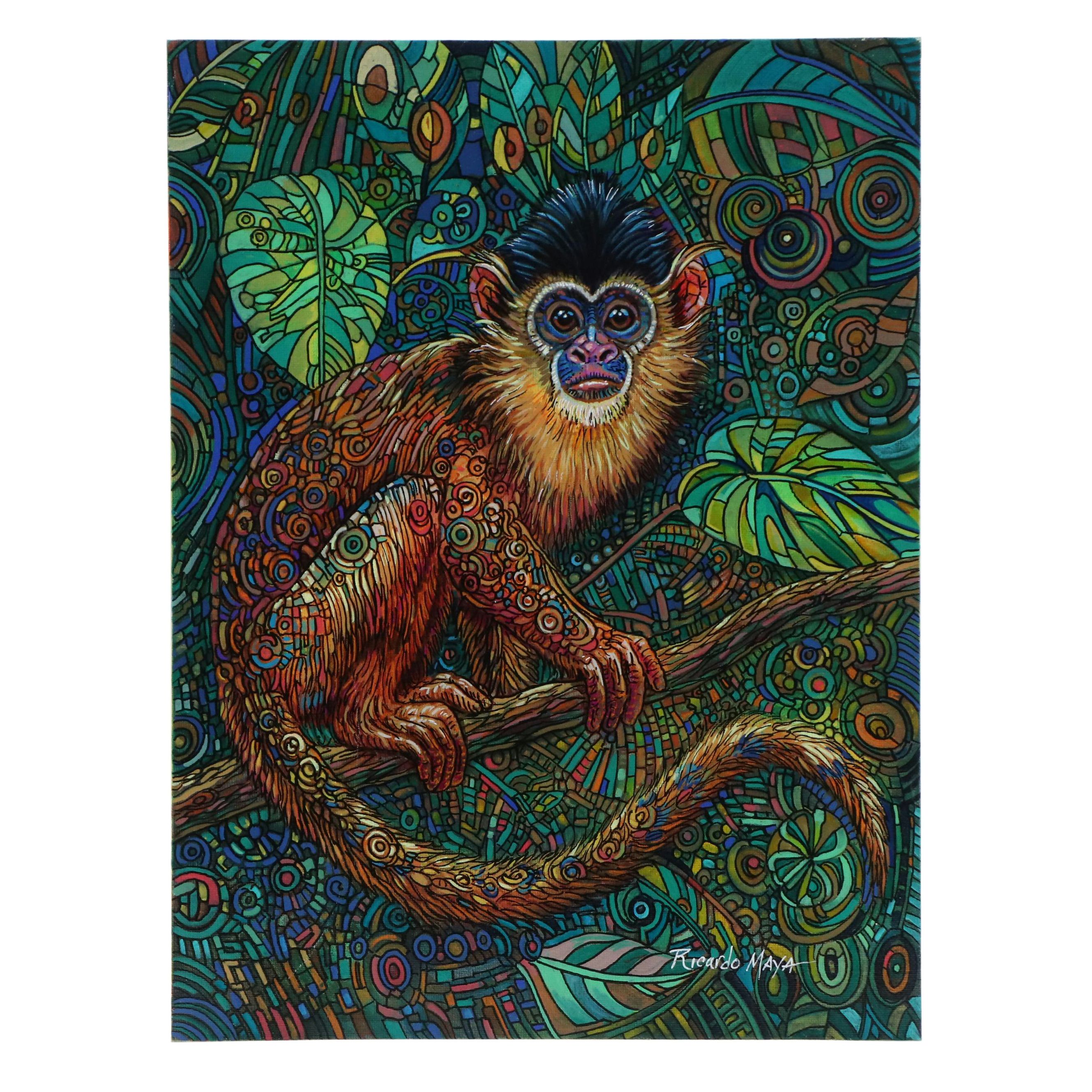 Ricardo Maya Stylized Acrylic Painting of Monkey, 21st Century