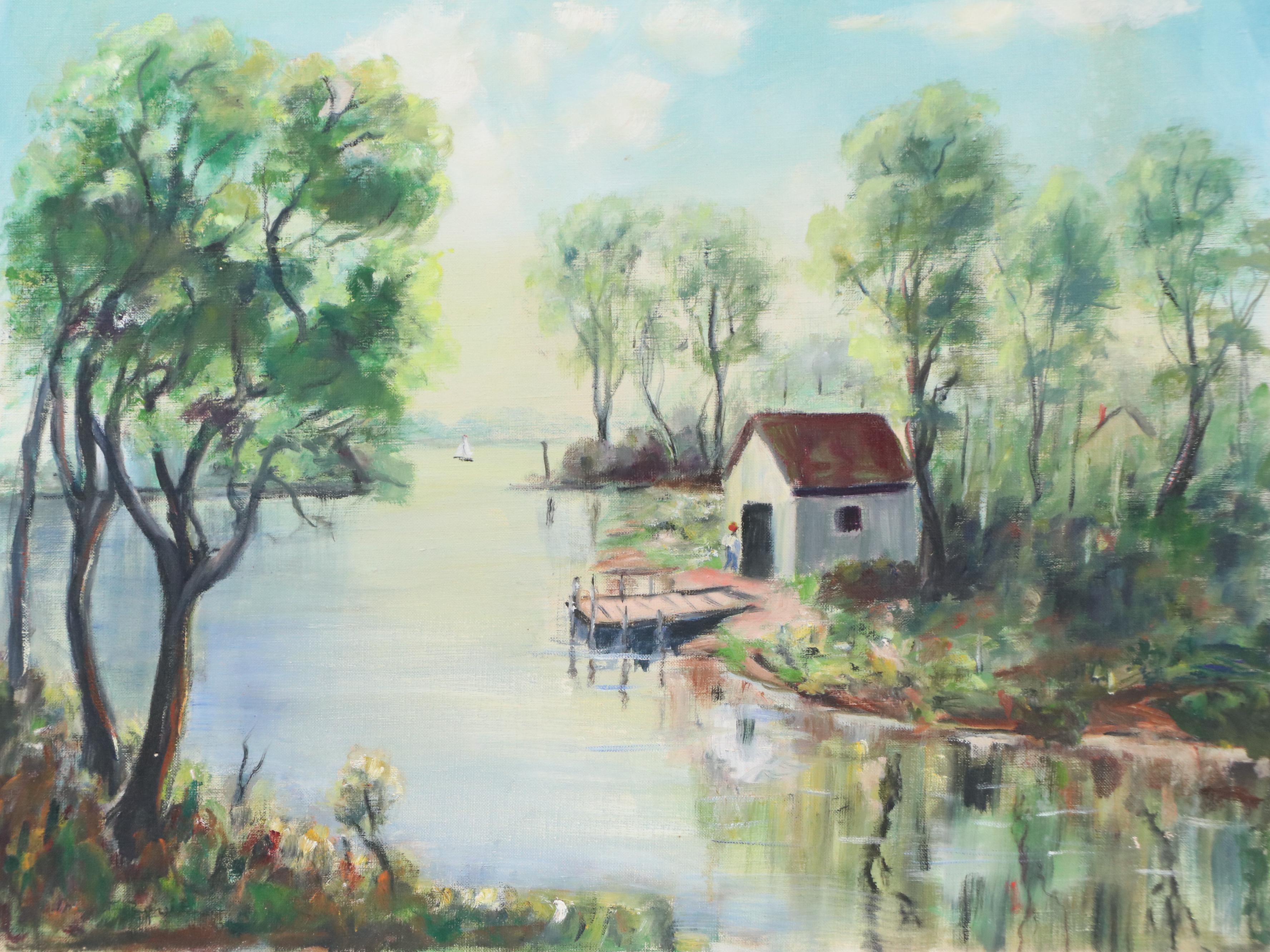 Margaret Reynolds Oil Painting of Lake Landscape, Circa 1950