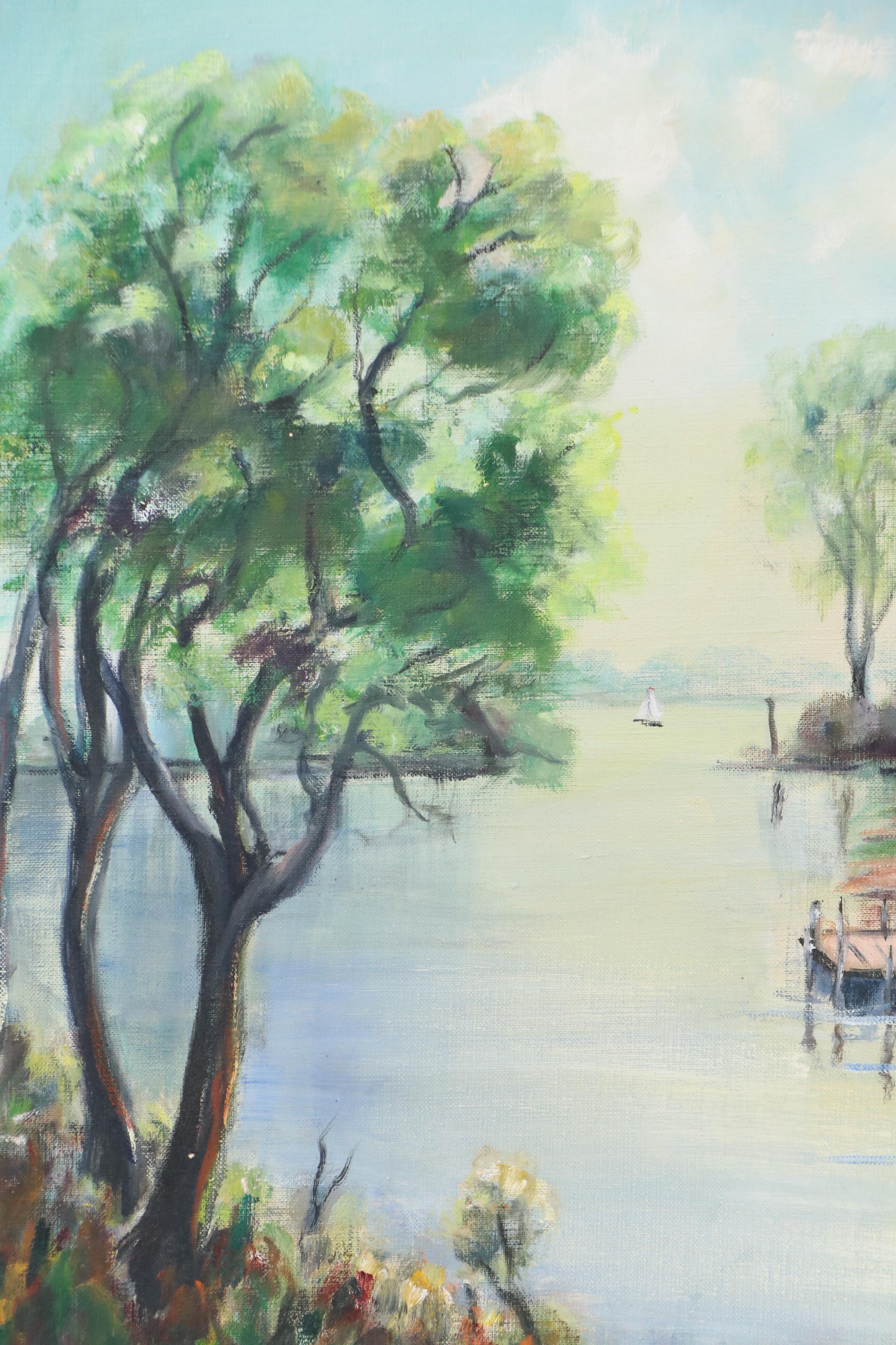 Margaret Reynolds Oil Painting of Lake Landscape, Circa 1950