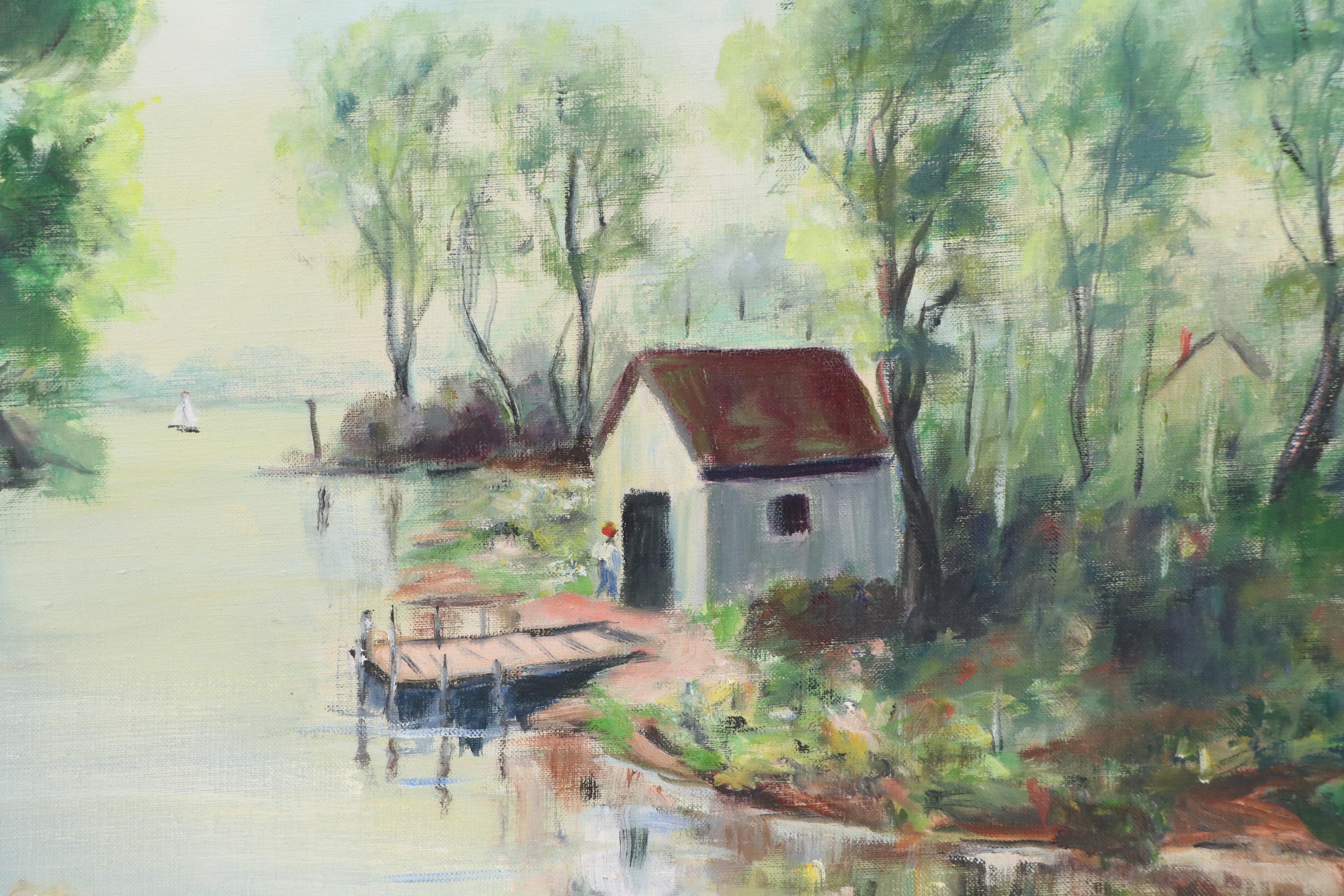 Margaret Reynolds Oil Painting of Lake Landscape, Circa 1950