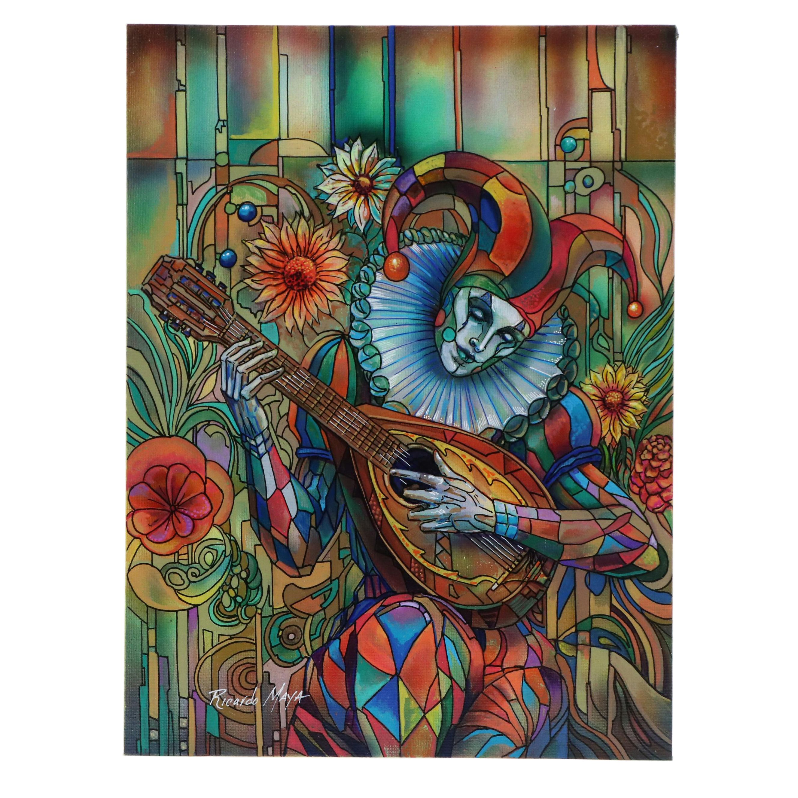 Ricardo Maya Stylized Acrylic Painting of Jester, 21st Century