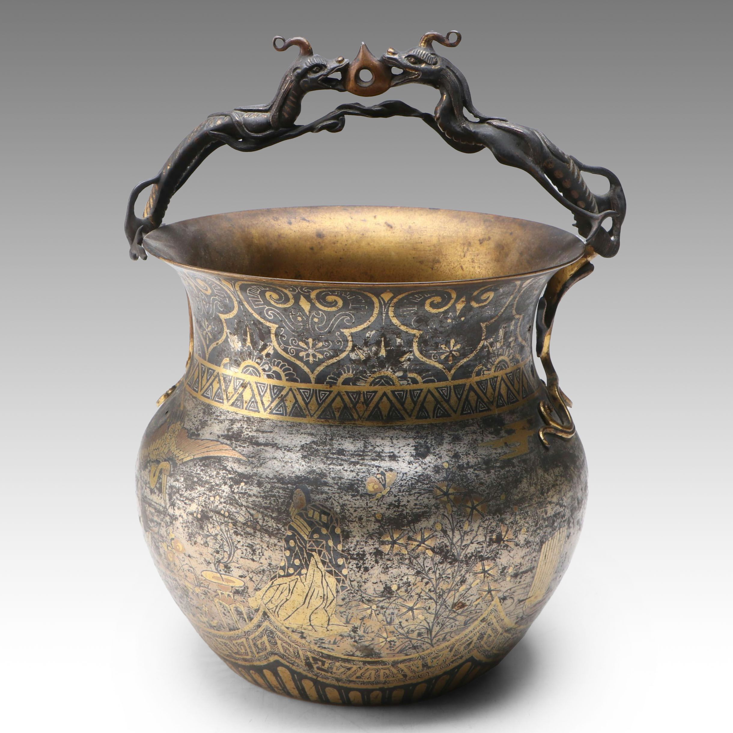 Alphonse Giroux Japonism Brass and Silver Plate with Copper Inlay Vase