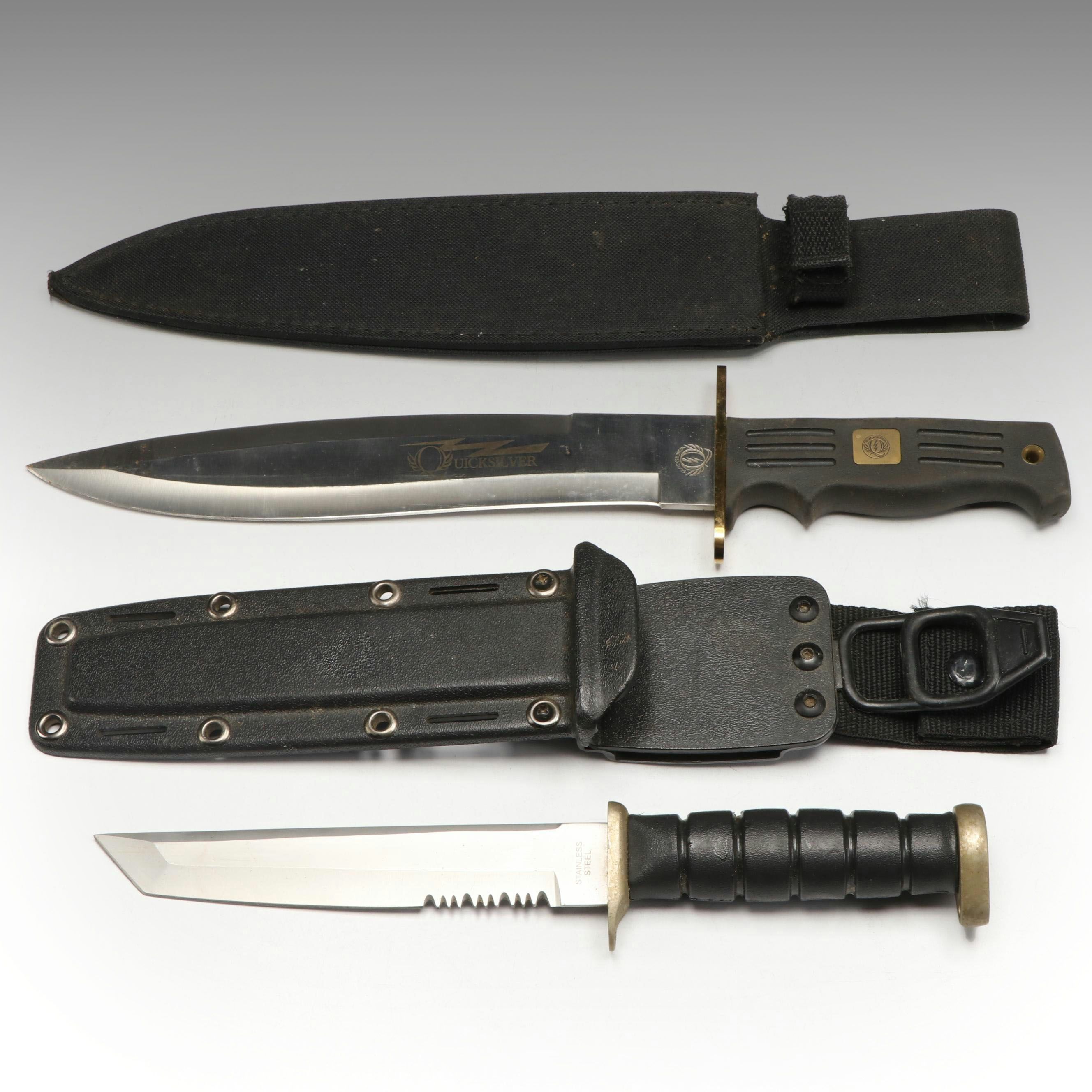 Quicksilver Bowie Knife with Nylon Sheath, Utility Knife and Hardside Scabbard