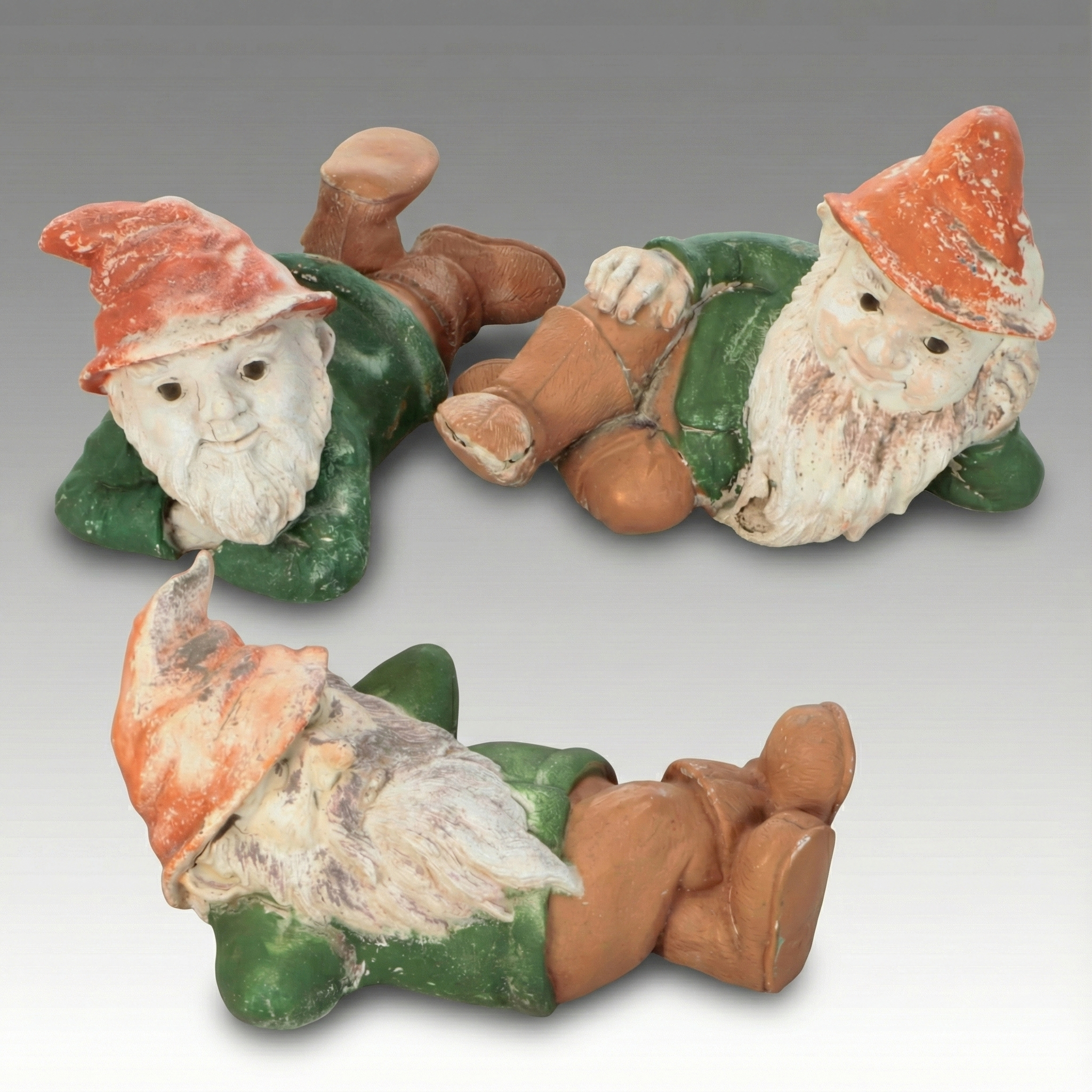 Polychrome Decorated Lounging Garden Gnomes, Late 20th Century