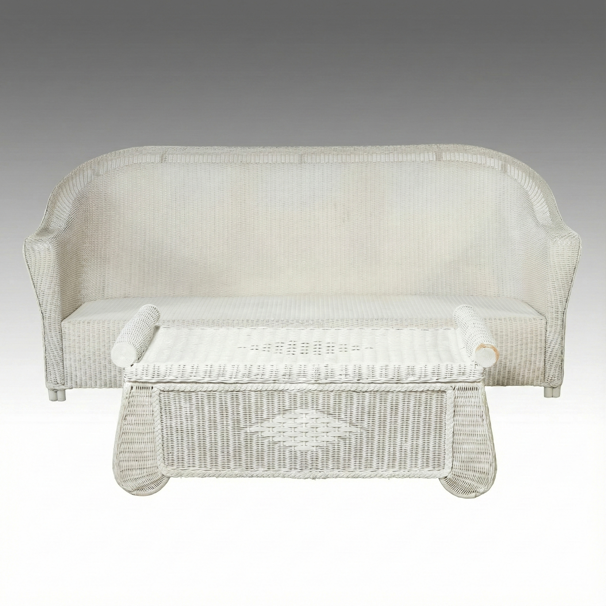 Lloyd Loom White-Painted Wicker Patio Sofa with Coffee Table, Late 20th Century