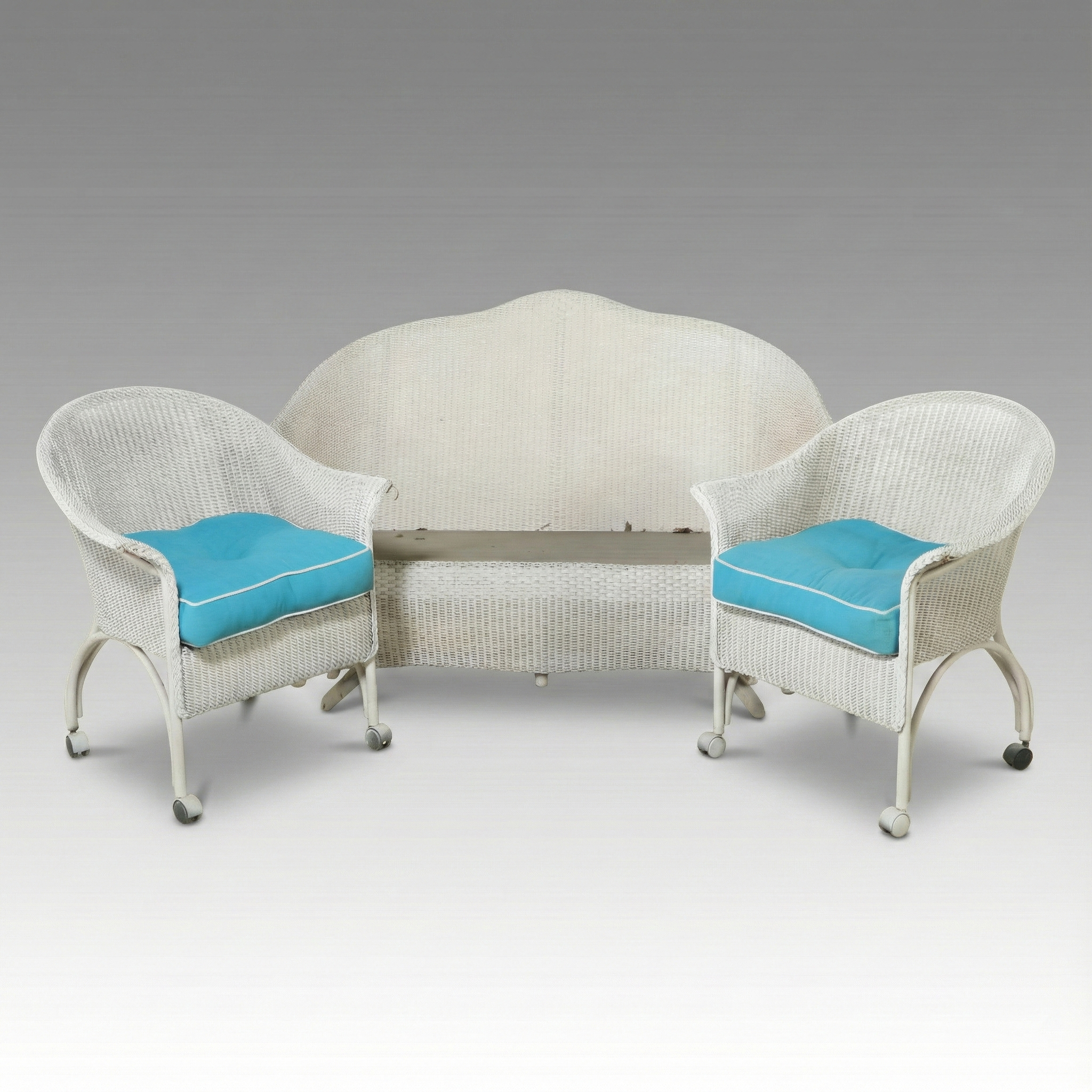 White-Painted Wicker Rattan Loveseat and Pair of Armchairs, Late 20th Century