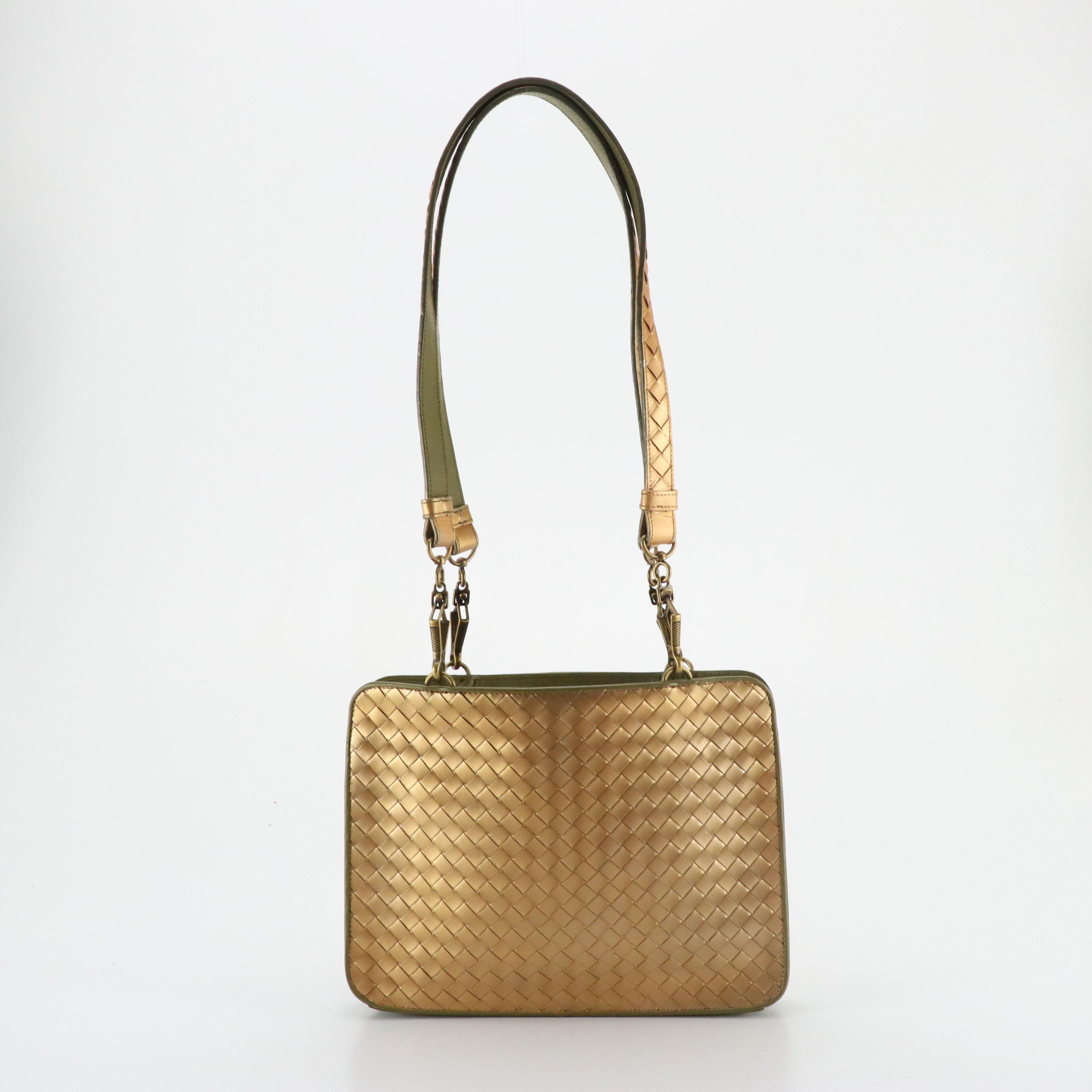 Bottega Veneta Flat Shoulder Bag in Golden Metallic Intrecciato Leather