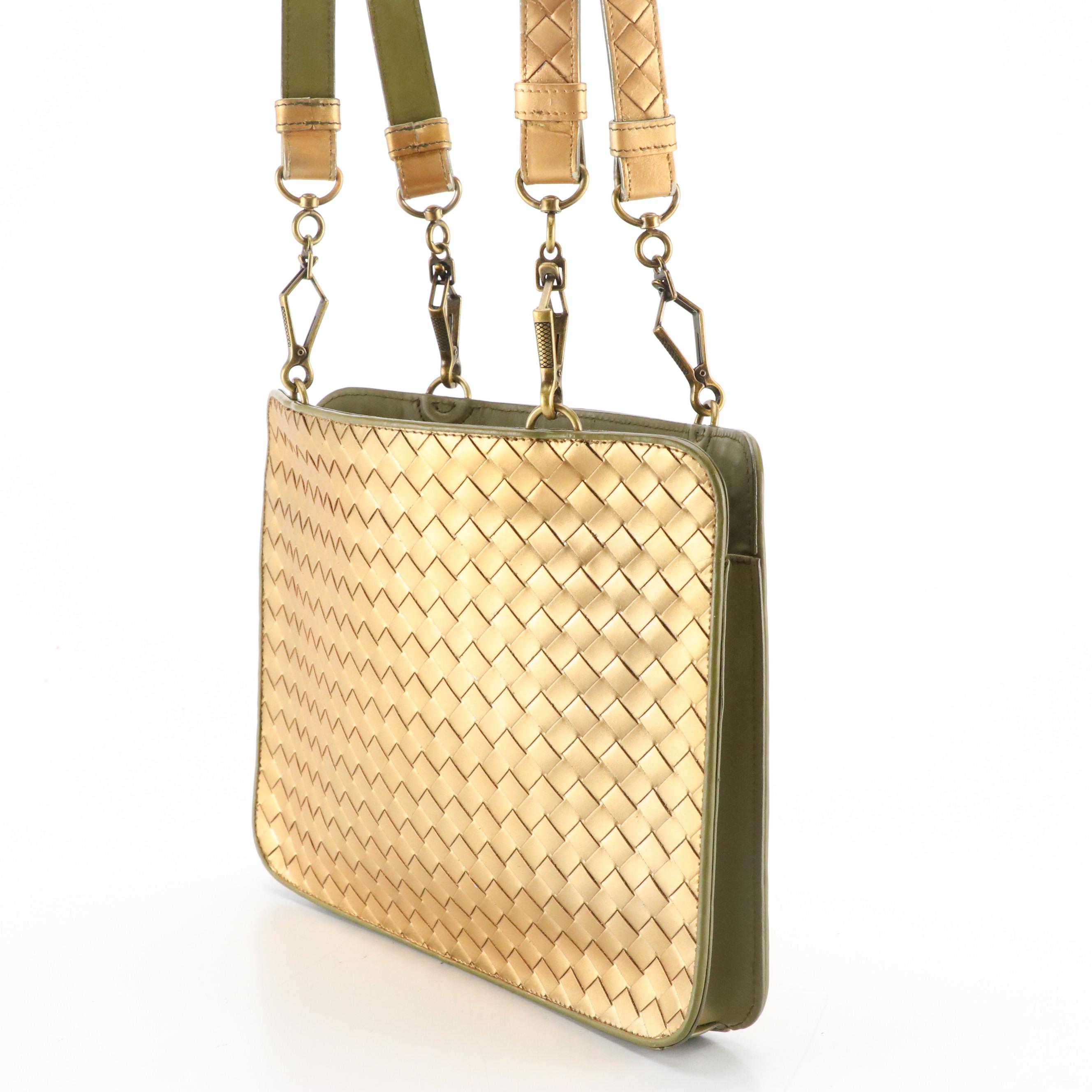 Bottega Veneta Flat Shoulder Bag in Golden Metallic Intrecciato Leather