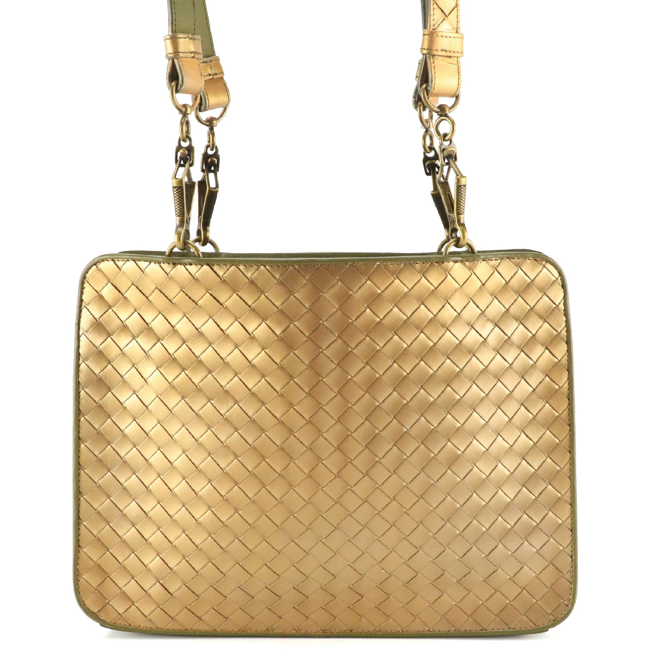 Bottega Veneta Flat Shoulder Bag in Golden Metallic Intrecciato Leather