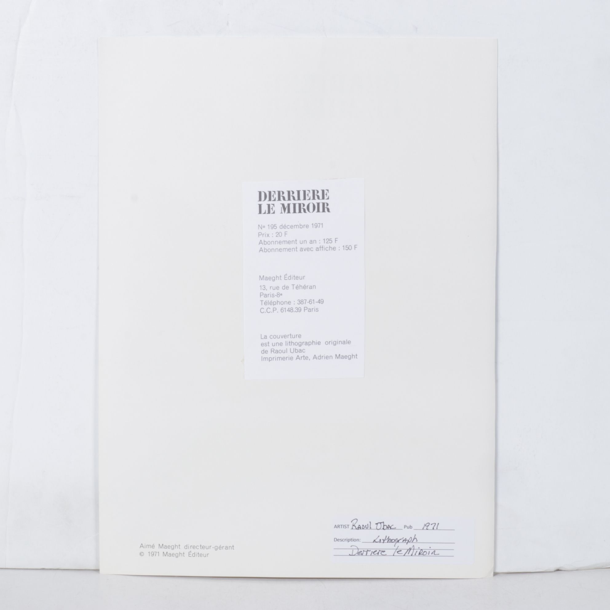 Raoul Ubac Color Lithograph Cover From "Derrière le Miroir," 1971