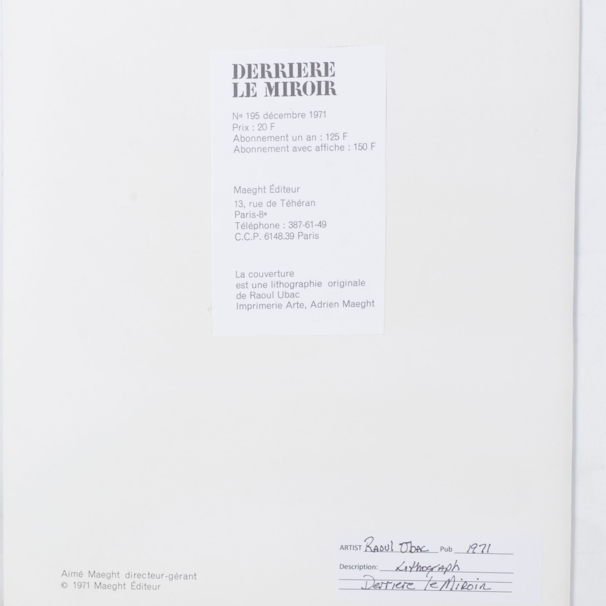 Raoul Ubac Color Lithograph Cover From "Derrière le Miroir," 1971