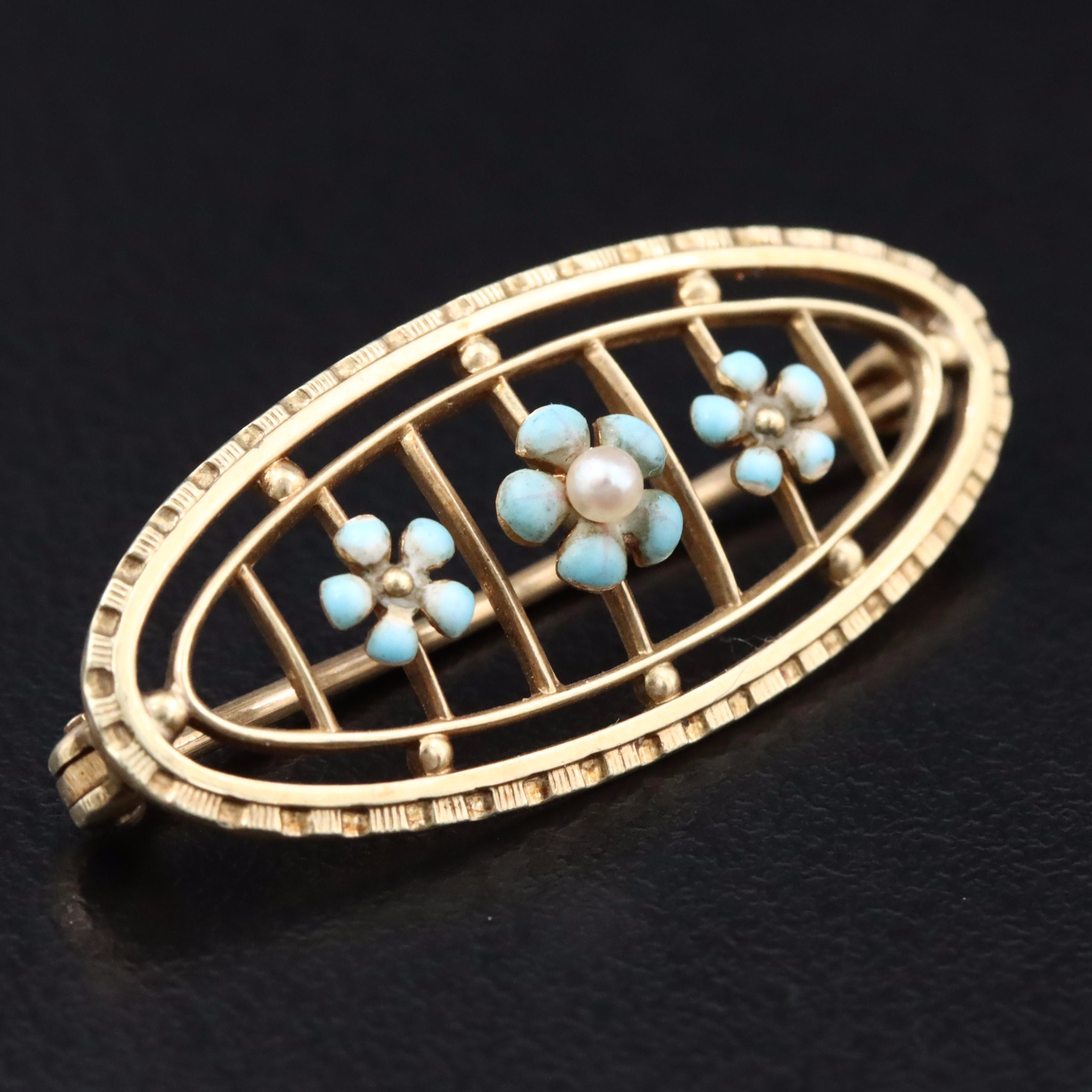 Taylor & Co. Inc. 14K Pearl and Enamel Forget-Me-Not Bar Brooch