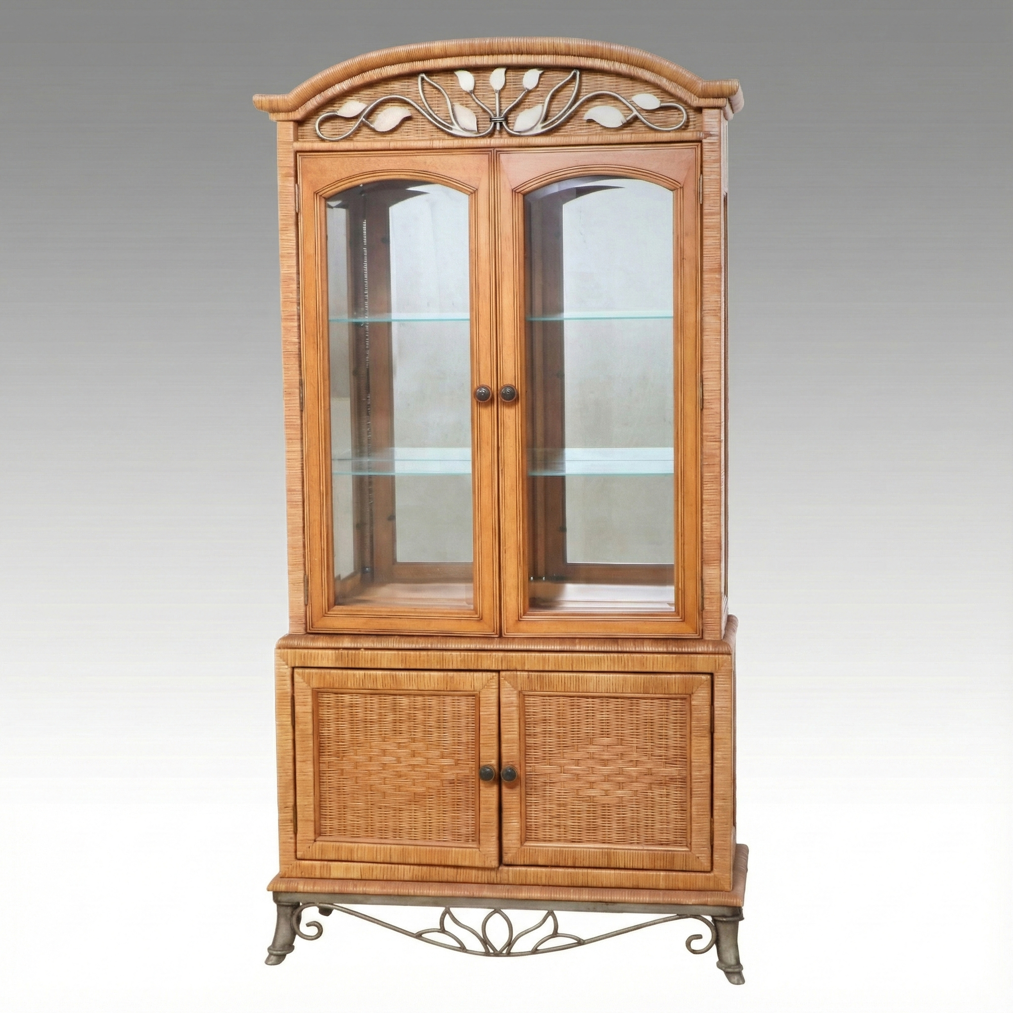 Modern Victorian Style Wicker China Cabinet with Metal Accents