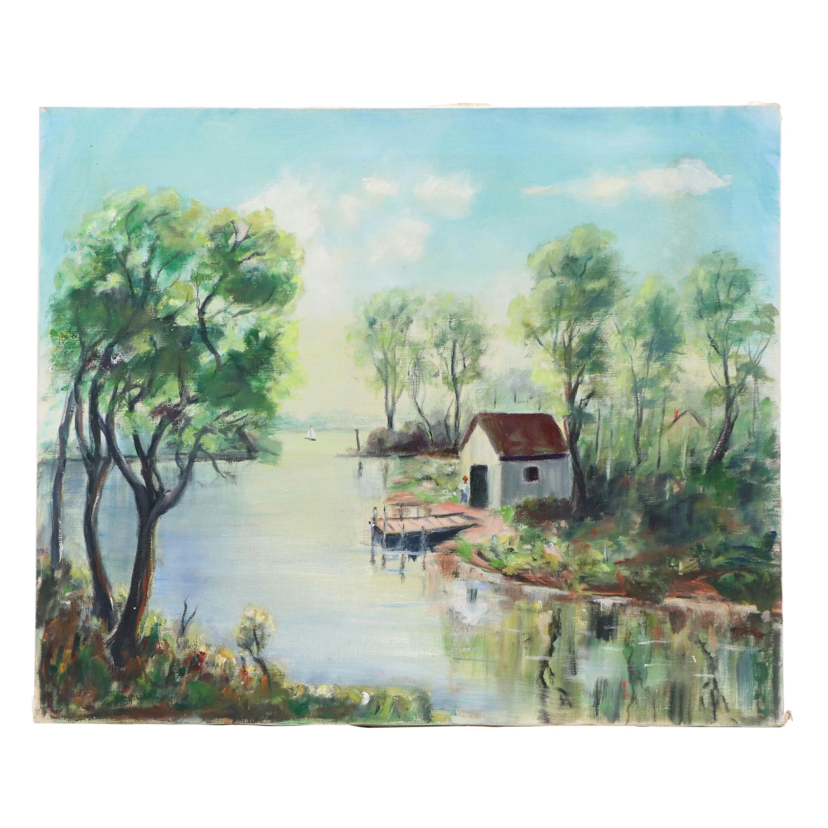 Margaret Reynolds Oil Painting of Lake Landscape, Circa 1950