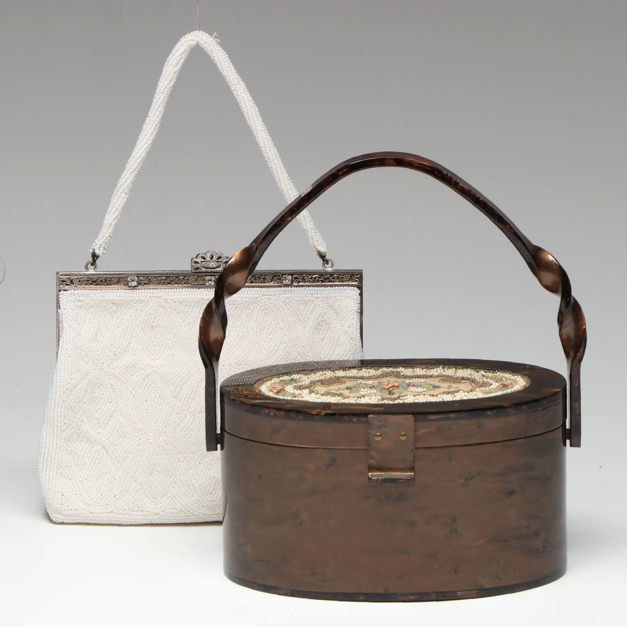 Wilardy Lucite Handbag with White Beaded Purse, Mid to Late 20th C.