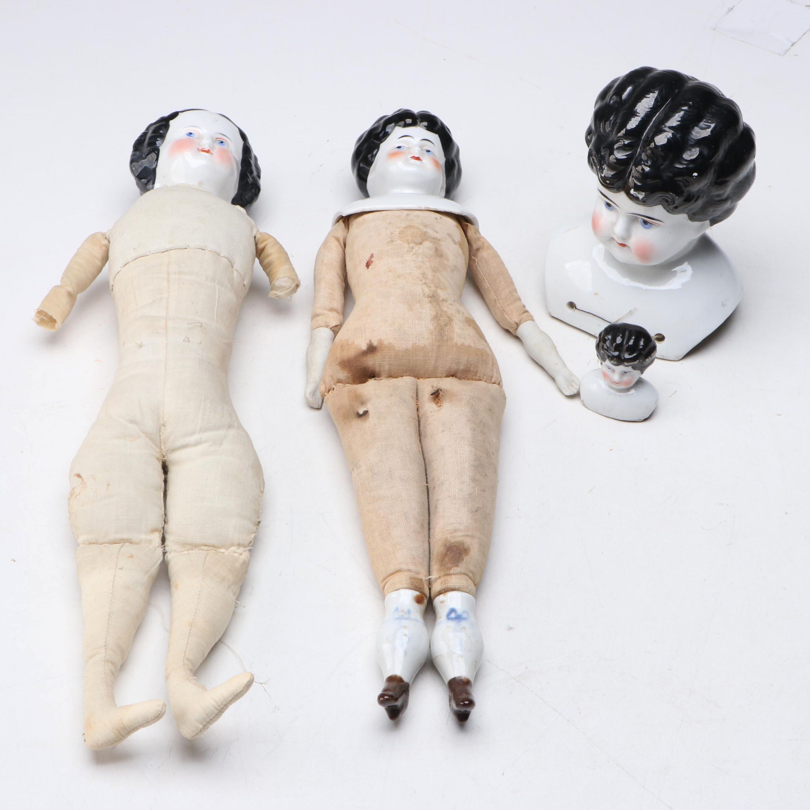 Antique German China Doll Heads with Cloth Body Dolls